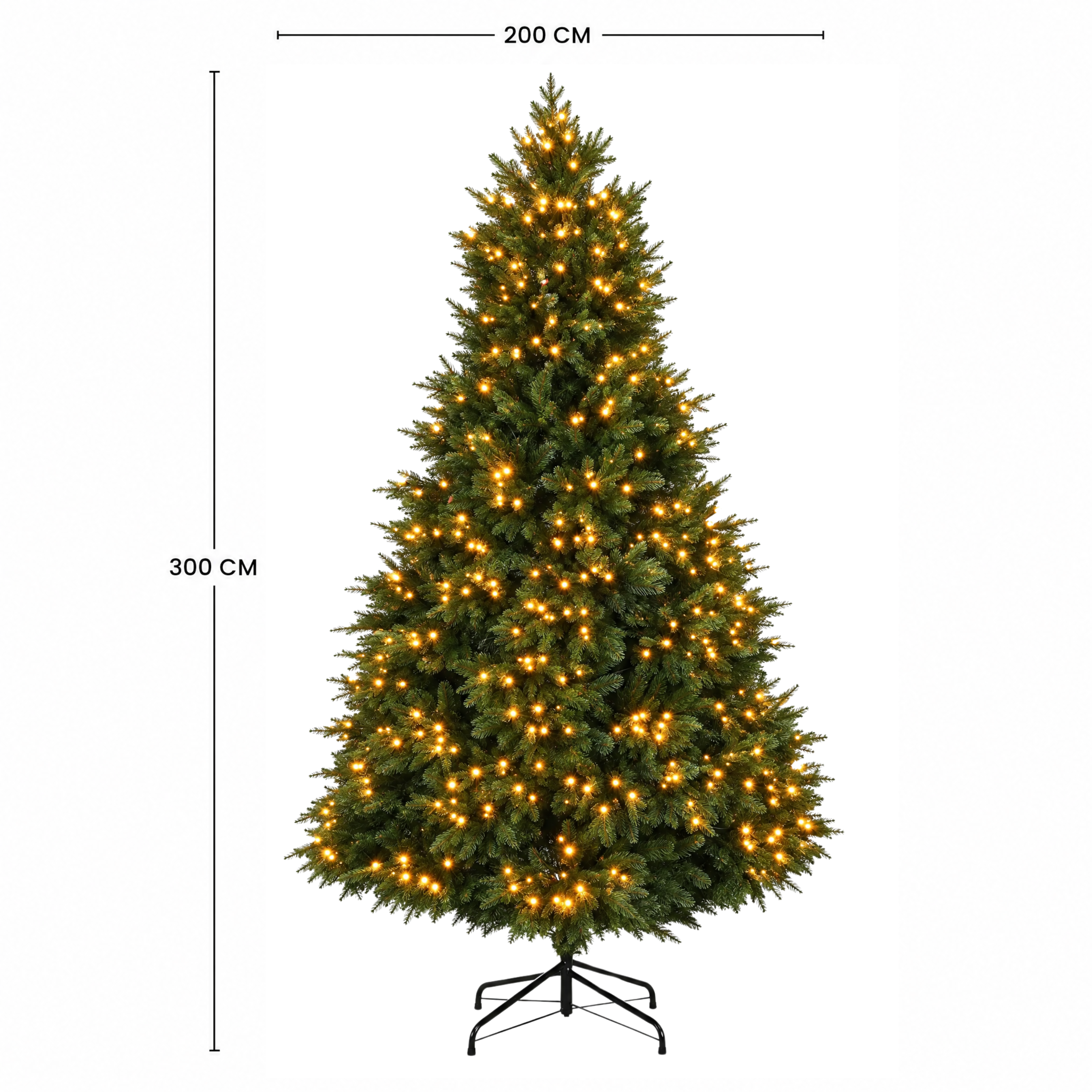 Schéma des dimensions du sapin de Noël Fluffy vert 300 cm : hauteur 300 cm et diamètre 200 cm