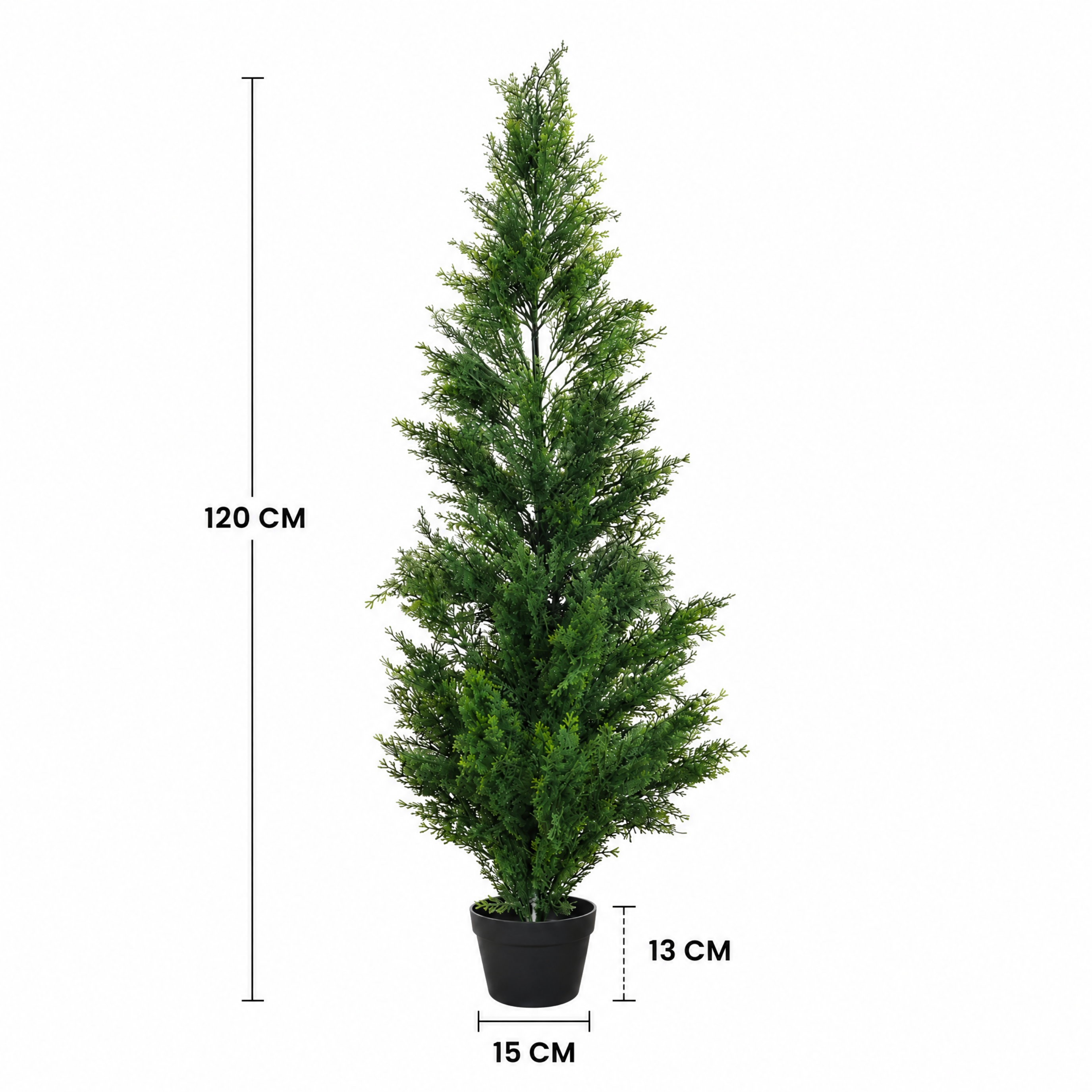 Dimensions du cyprès artificiel 120 cm : hauteur 120 cm, pot de 13 cm de hauteur et 15 cm de diamètre