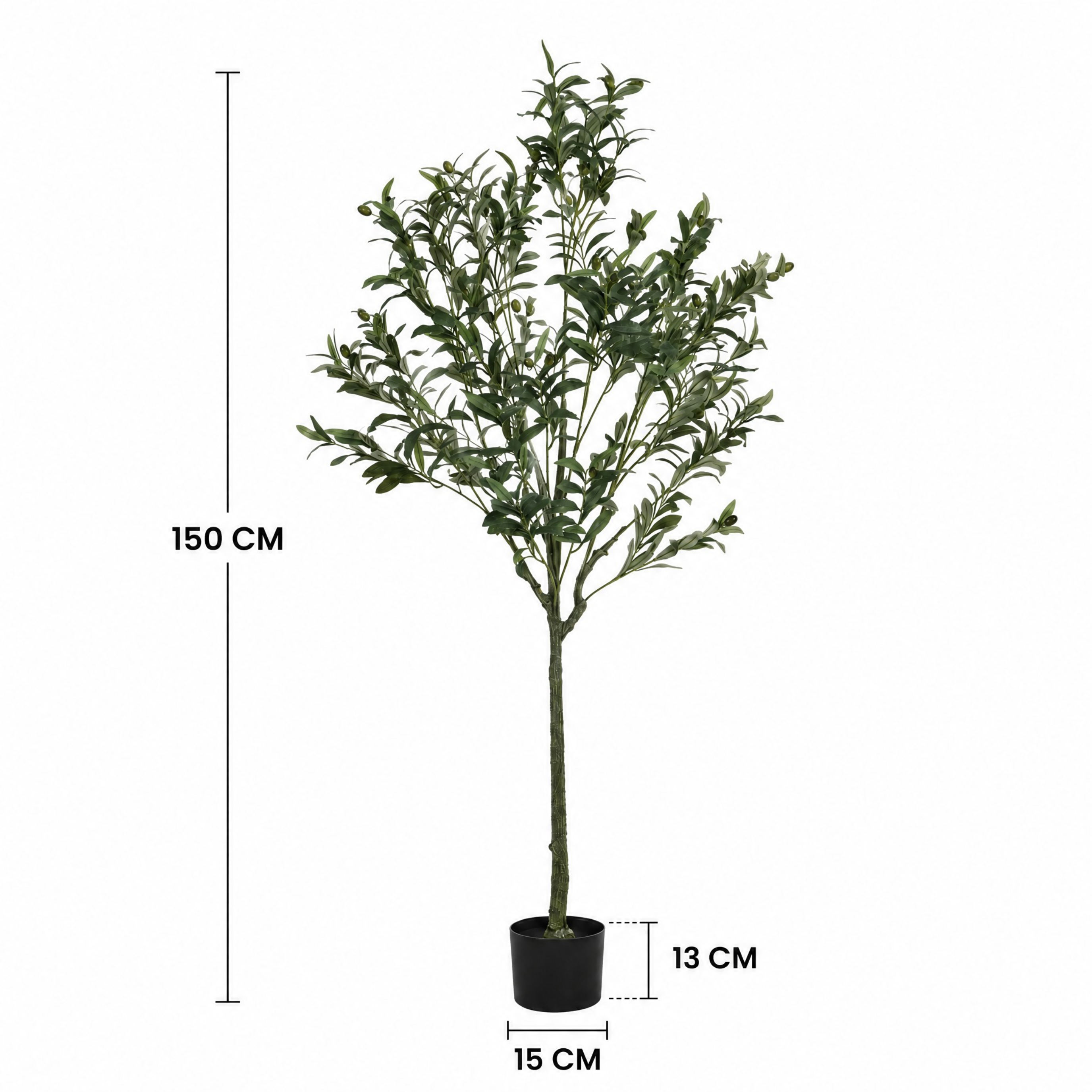 Dimensions de l'olivier artificiel 150 cm : hauteur 150 cm, pot de 13 cm de hauteur et 15 cm de diamètre