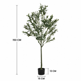 Dimensions de l'olivier artificiel 150 cm : hauteur 150 cm, pot de 13 cm de hauteur et 15 cm de diamètre