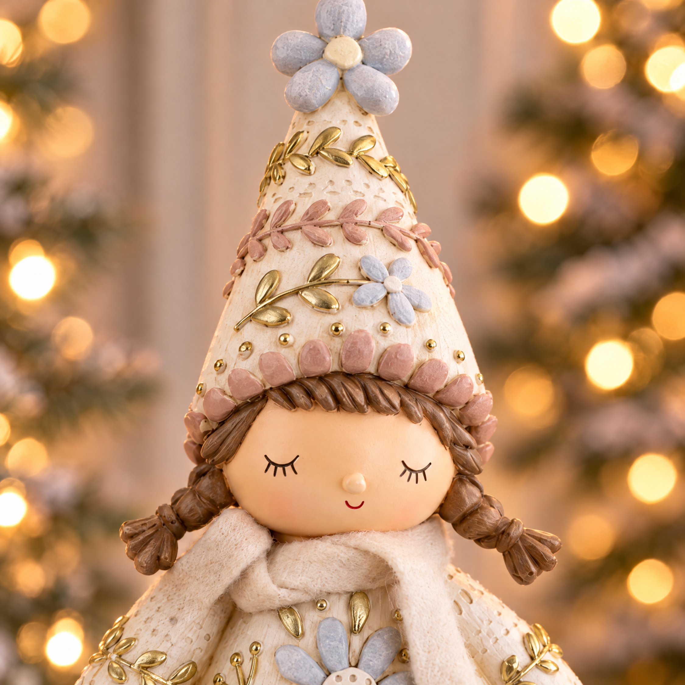 Figurine de Noël Fillette Elfie 21 cm crème en polyrésine, décoration de Noël à poser, focus produit, Sia Deco