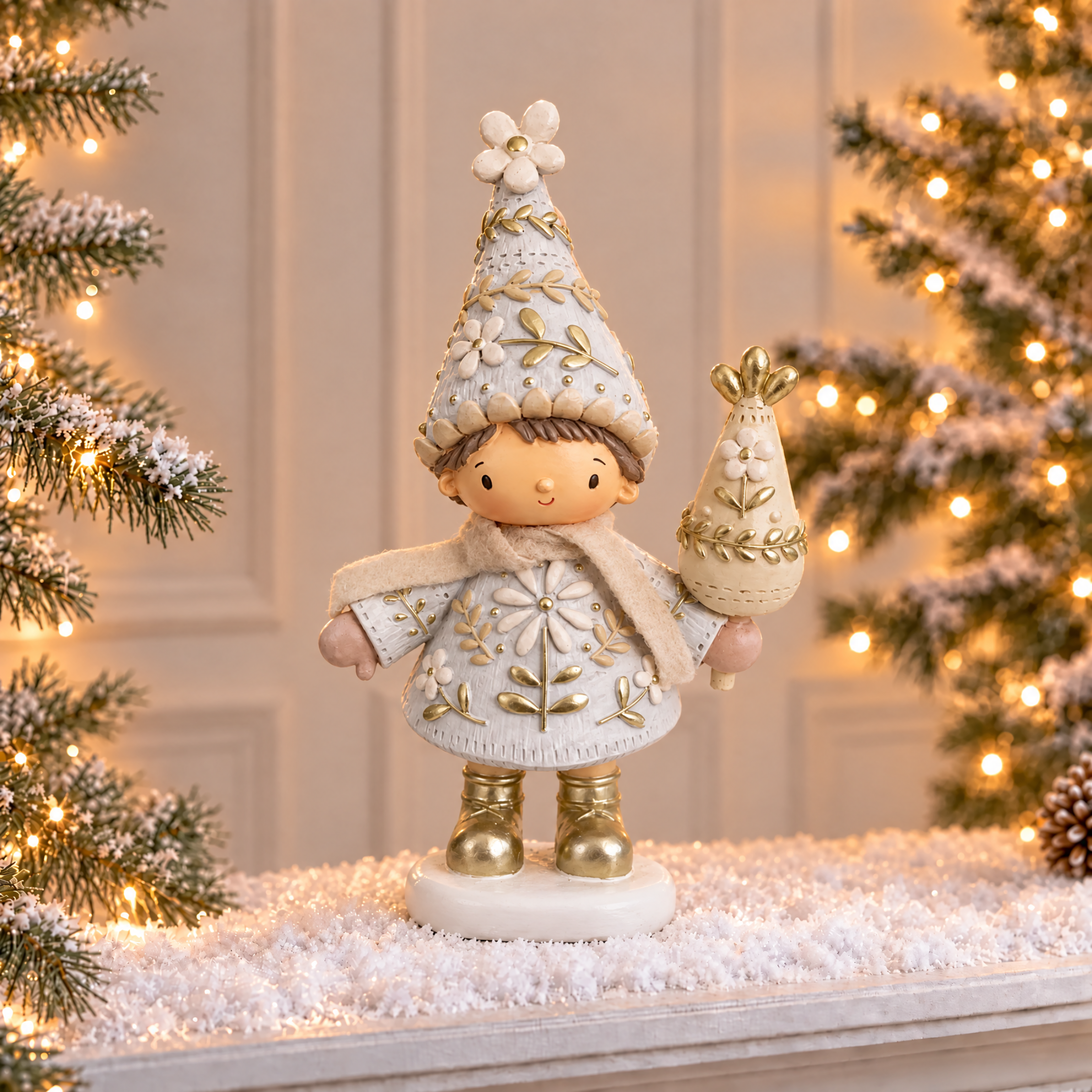 Figurine de Noël Garçon Elfie 22 cm crème en polyrésine, décoration de Noël à poser, photo d'ambiance, Sia Deco