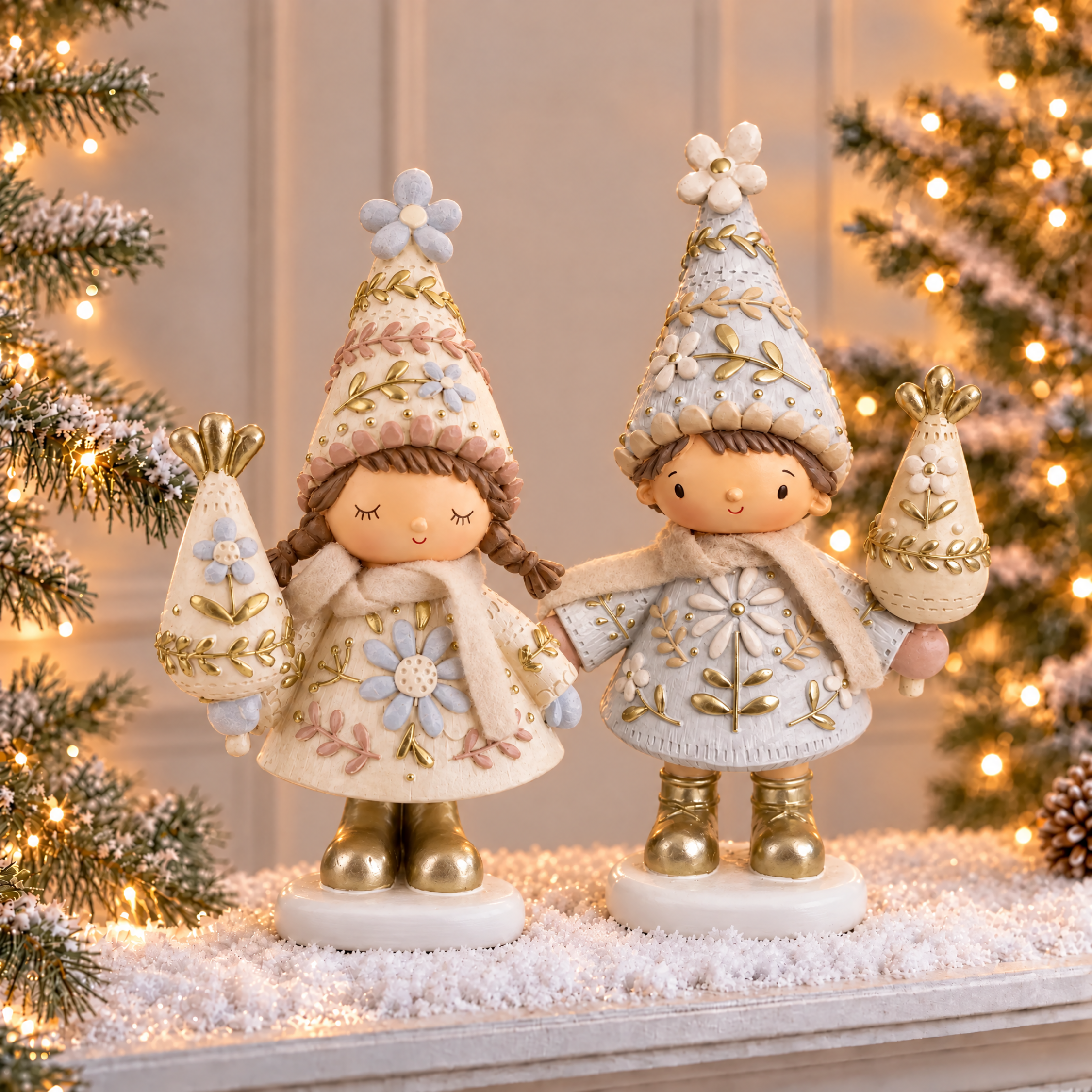 Figurine de Noël Garçon Elfie 22 cm crème en polyrésine, décoration de Noël à poser, vue de détail, Sia Deco