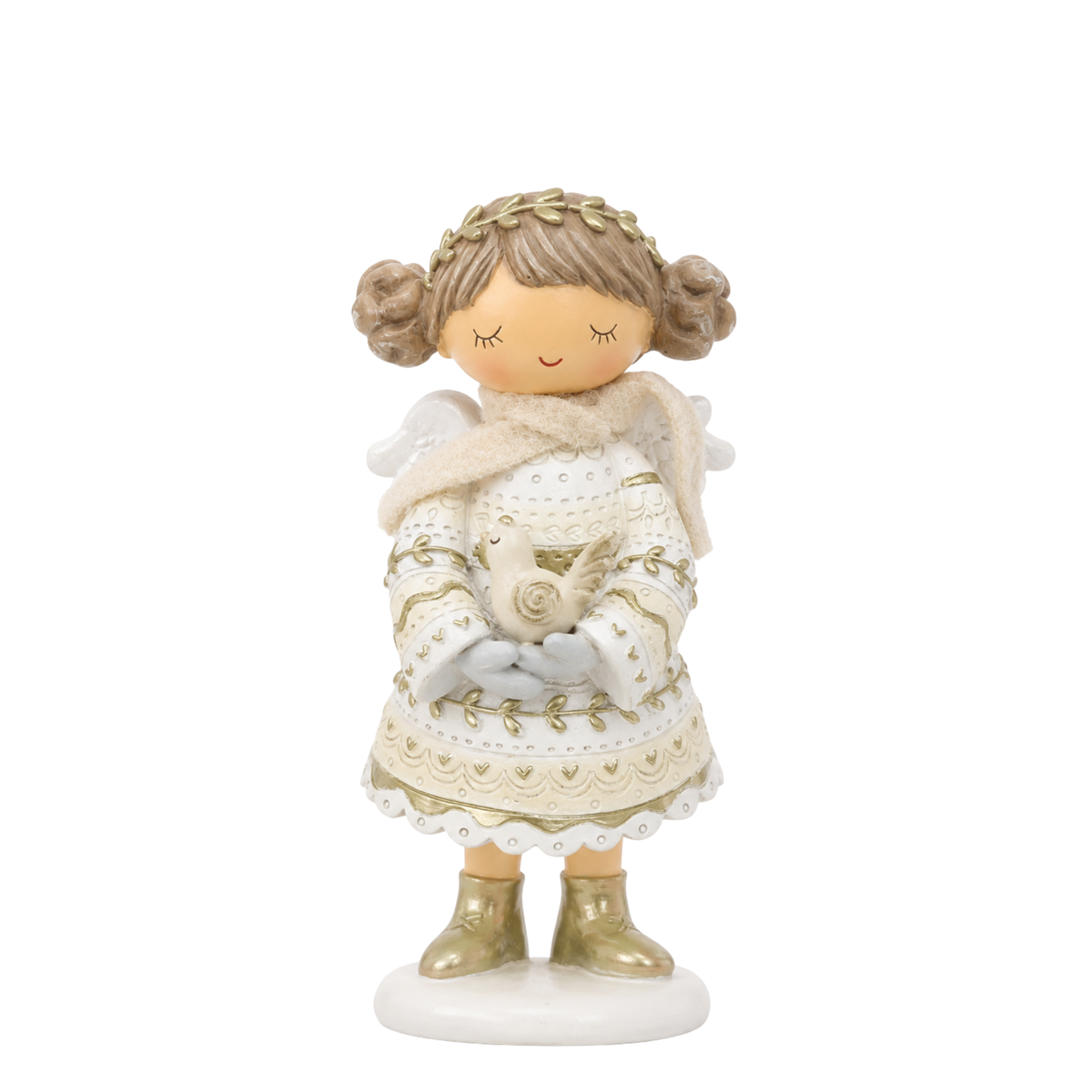 Figurine de Noël Ange avec oiseau Elfie 19 cm crème en polyrésine, décoration de Noël à poser, packshot fond blanc, Sia Deco