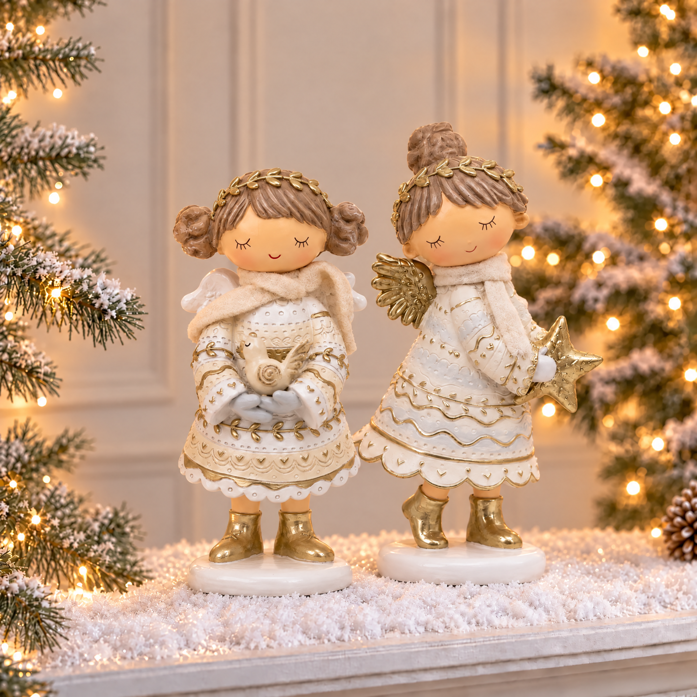 Figurine de Noël Ange avec oiseau Elfie 19 cm crème en polyrésine, décoration de Noël à poser, vue de détail, Sia Deco
