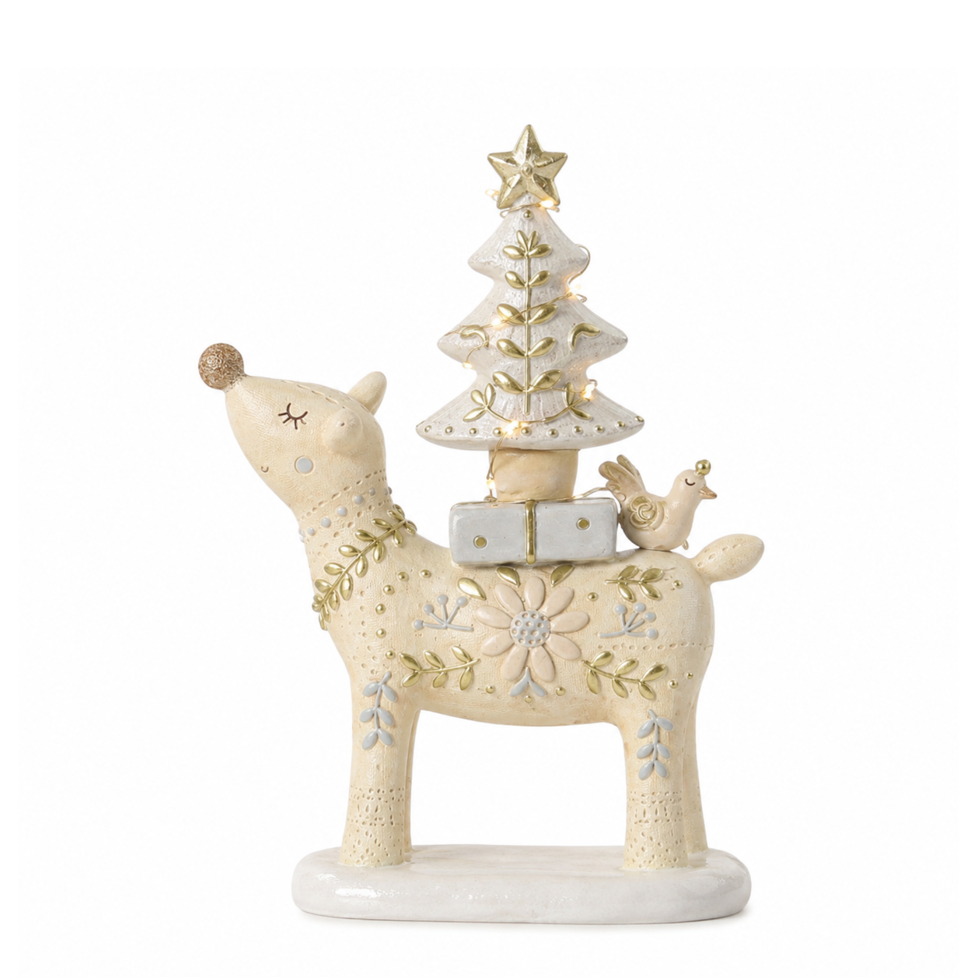 Figurine de Noël Renne Elfie LED 23 cm crème en polyrésine, décoration de Noël à poser, packshot fond blanc, Sia Deco
