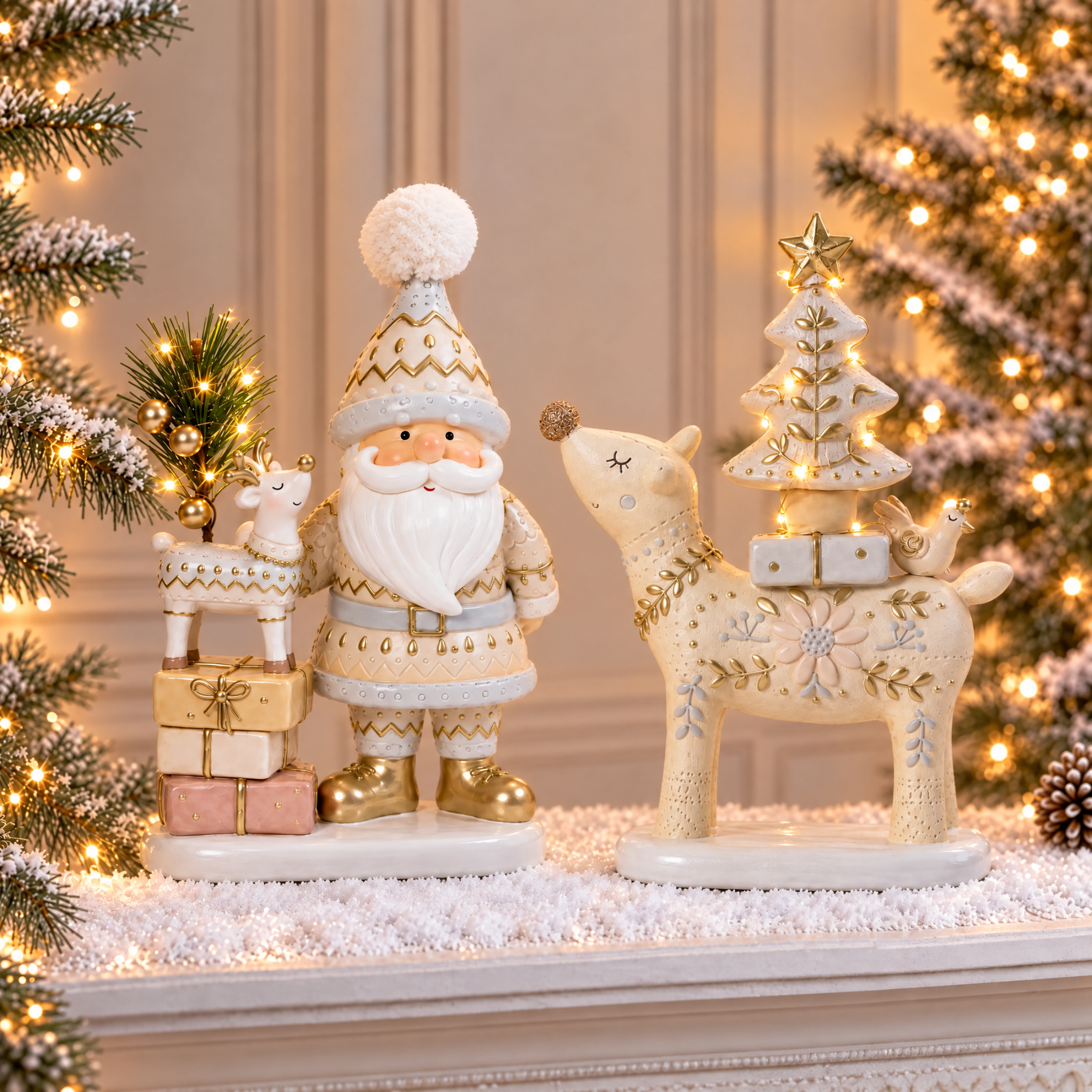 Figurine Père Noël Elfie LED 23 cm crème en polyrésine, décoration de Noël à poser, vue de détail, Sia Deco