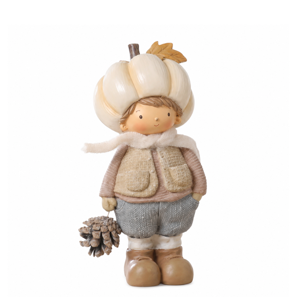 Figurine de Noël Garçon Pumpkin 19 cm crème en polyrésine, décoration de Noël à poser, packshot fond blanc, Sia Deco