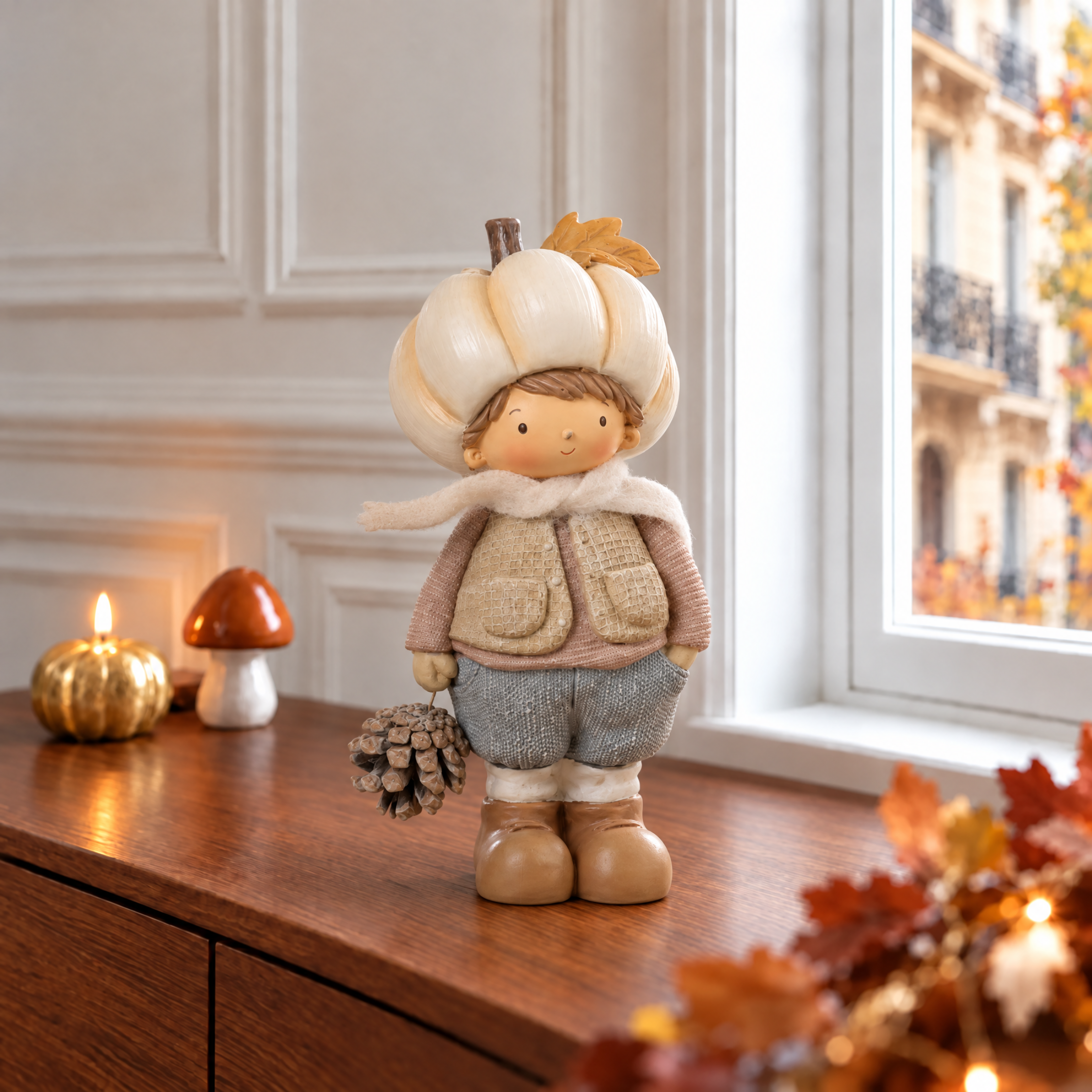 Figurine de Noël Garçon Pumpkin 19 cm crème en polyrésine, décoration de Noël à poser, photo d'ambiance, Sia Deco