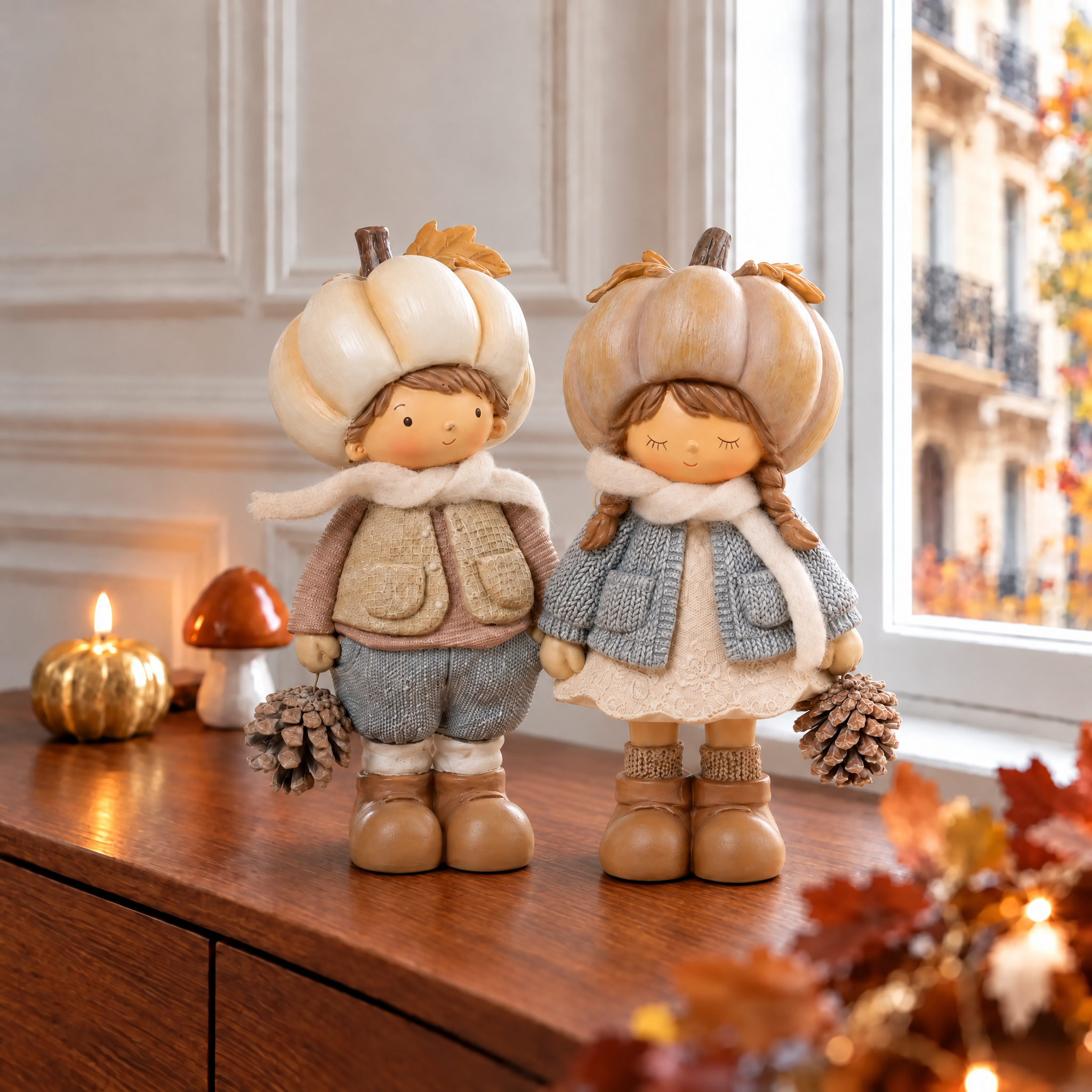 Figurine de Noël Garçon Pumpkin 19 cm crème en polyrésine, décoration de Noël à poser, vue de détail, Sia Deco