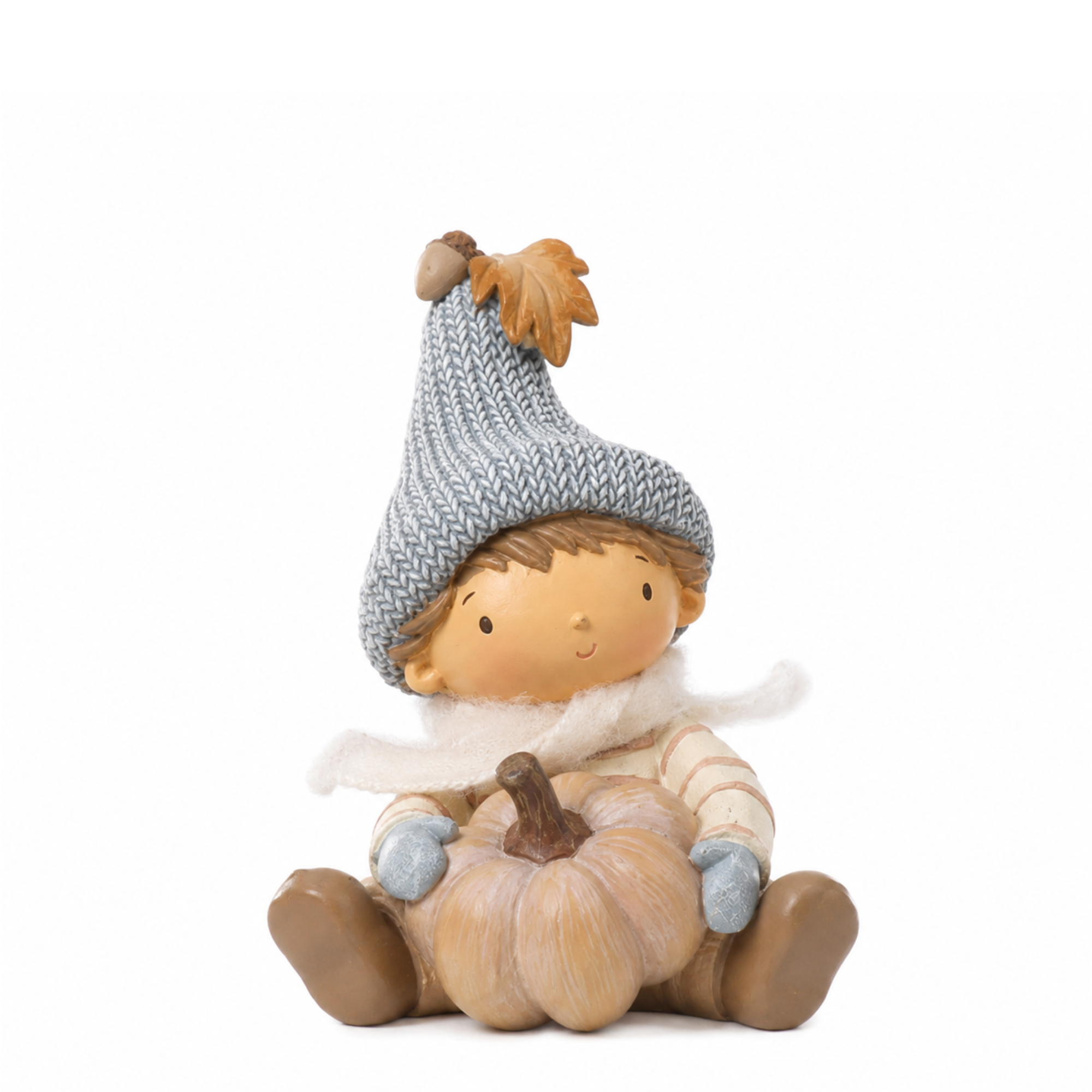 Figurine de Noël Garçon assis Pumpkin 15 cm crème en polyrésine, décoration de Noël à poser, packshot fond blanc, Sia Deco
