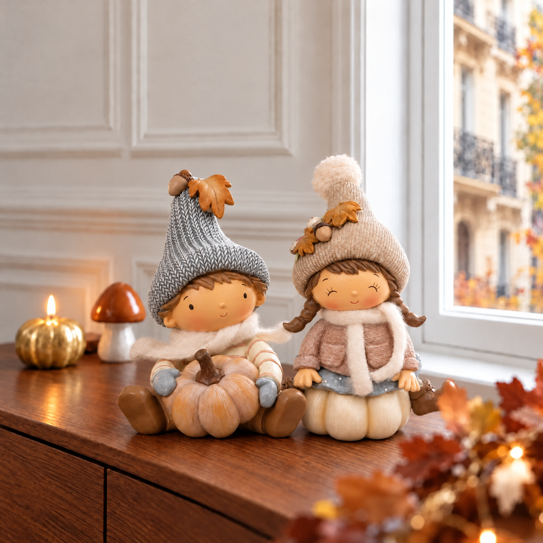 Figurine de Noël Garçon assis Pumpkin 15 cm crème en polyrésine, décoration de Noël à poser, vue de détail, Sia Deco