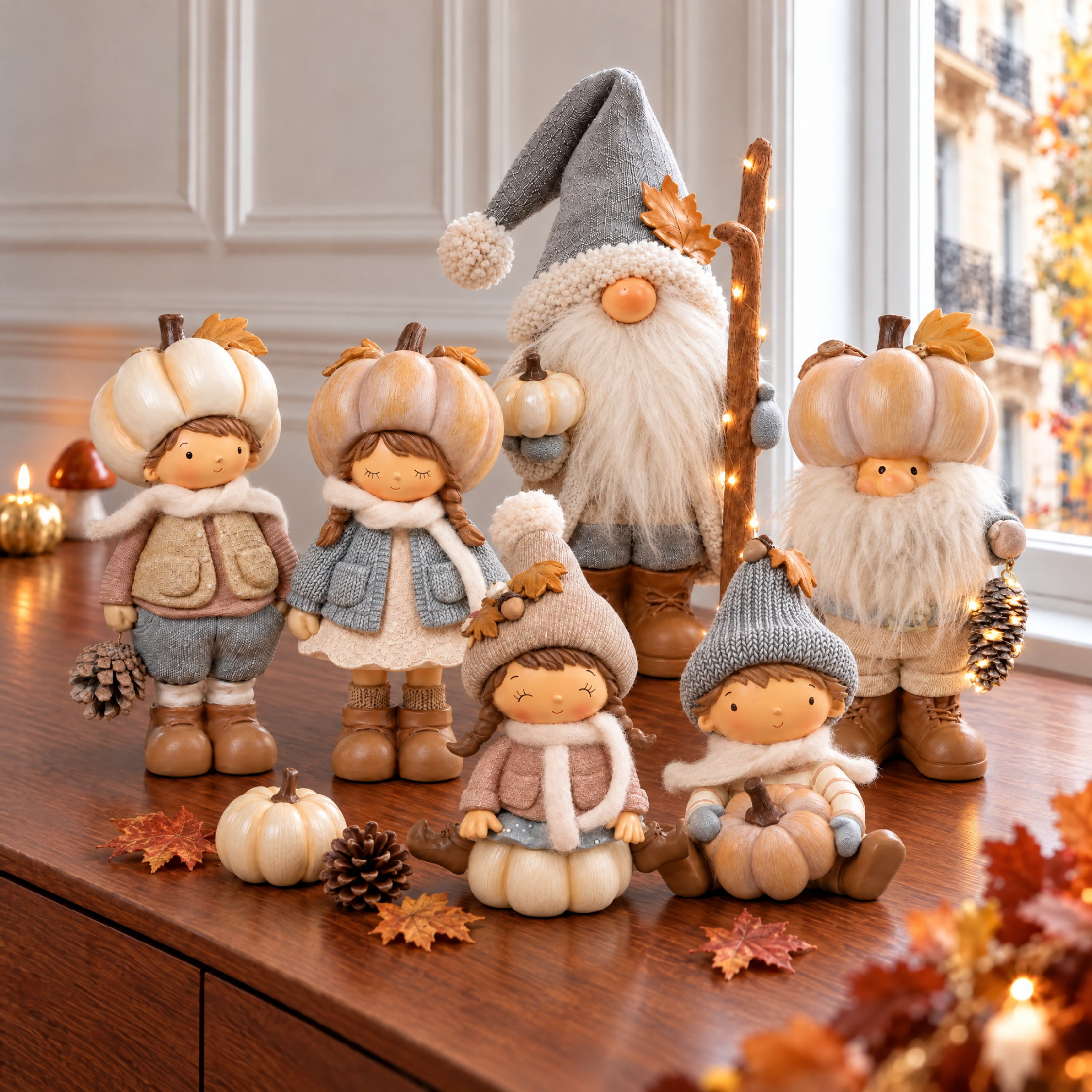 Figurine de Noël Garçon assis Pumpkin 15 cm crème en polyrésine, décoration de Noël à poser, vue de détail, Sia Deco