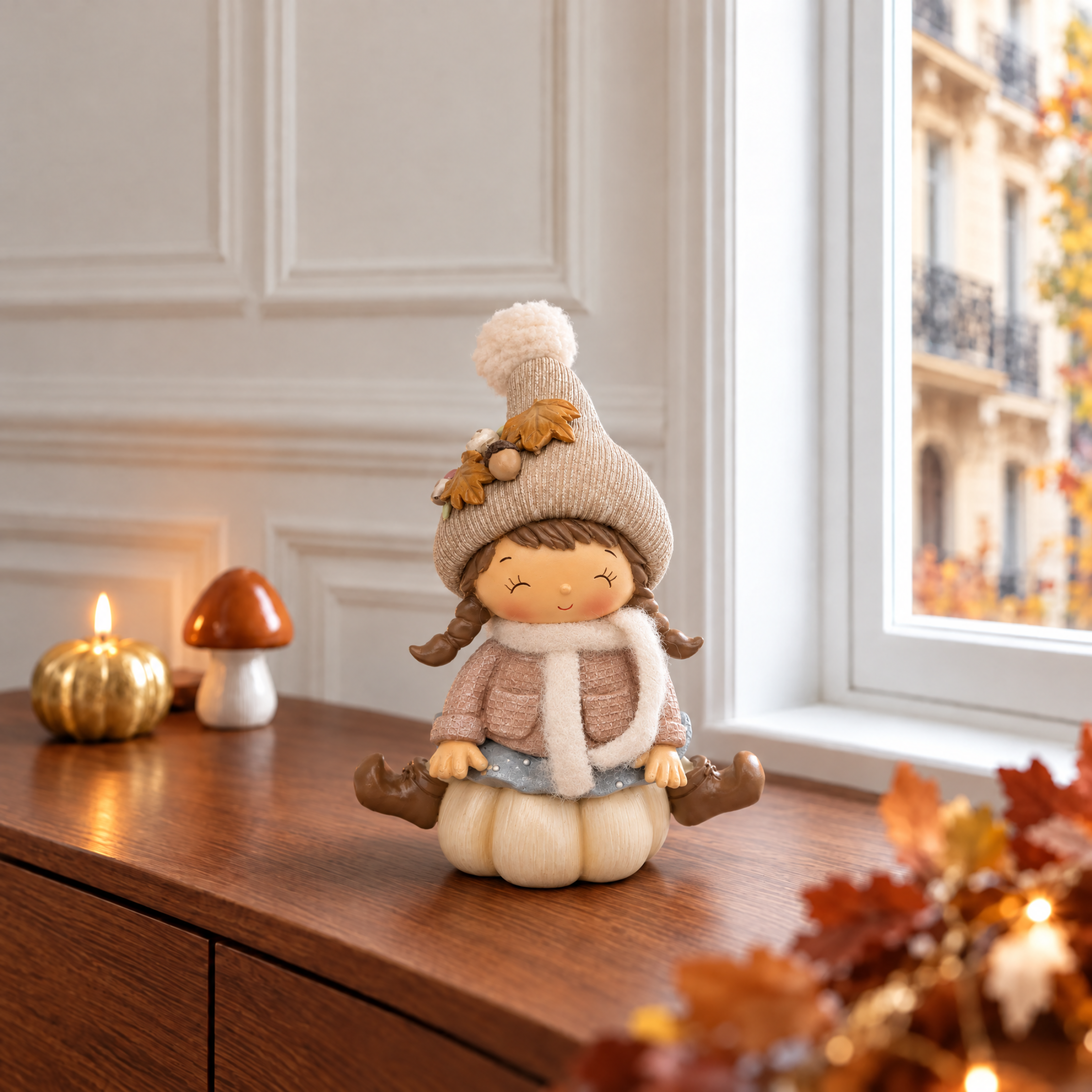 Figurine de Noël Fillette assise Pumpkin 18 cm crème en polyrésine, décoration de Noël à poser, photo d'ambiance, Sia Deco