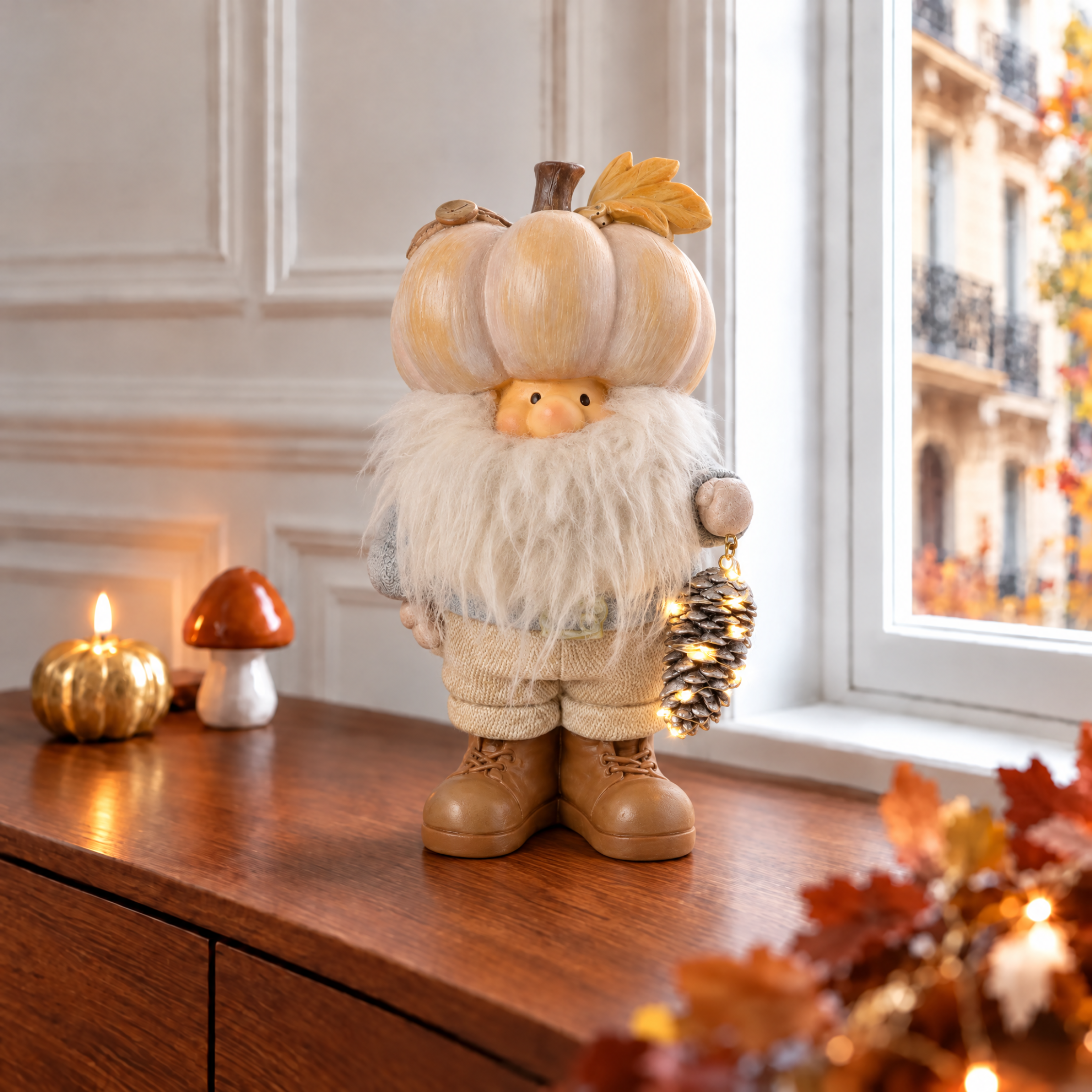 Figurine Père Noël Pumpkin LED 22 cm crème en polyrésine, décoration de Noël à poser, photo d'ambiance, Sia Deco