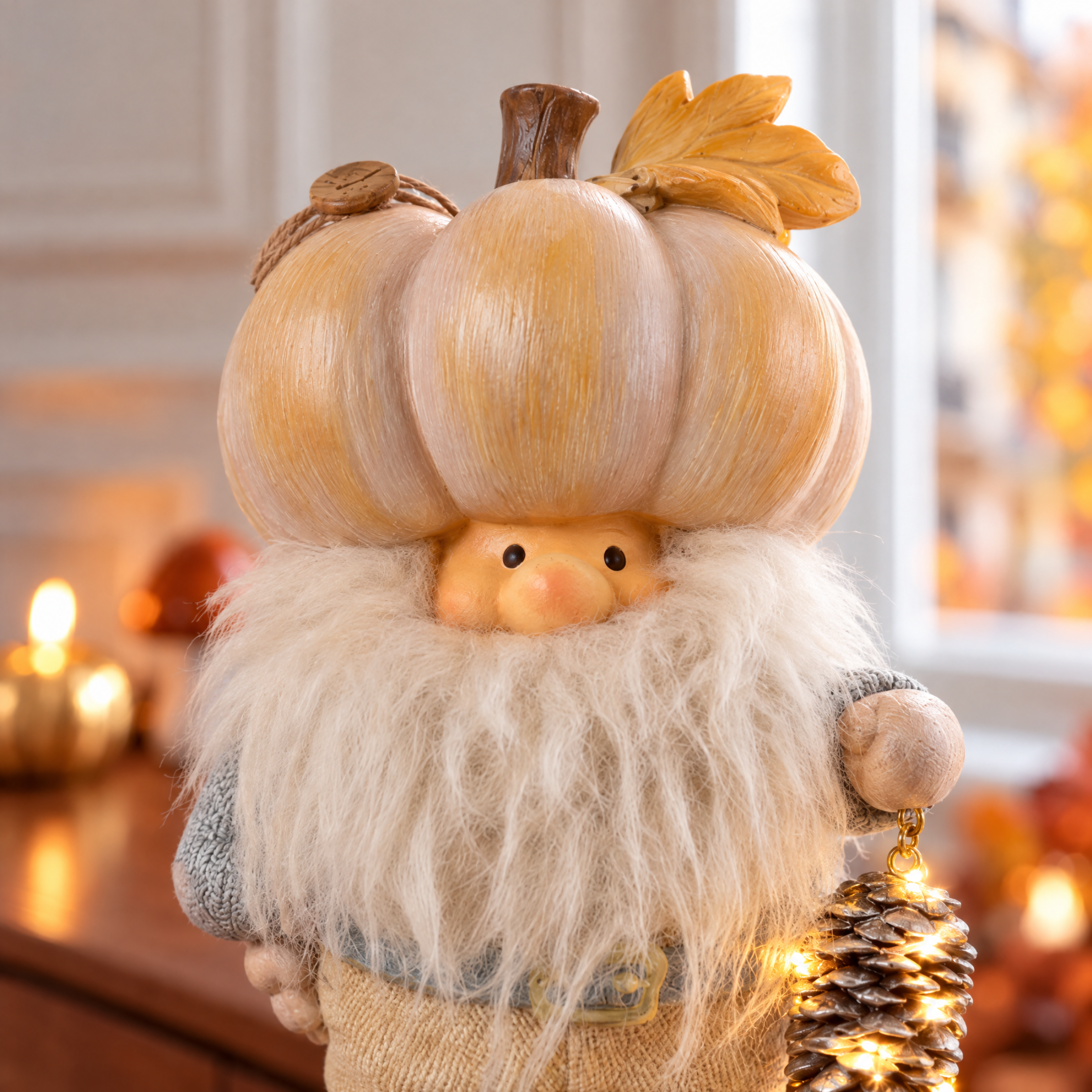 Figurine Père Noël Pumpkin LED 22 cm crème en polyrésine, décoration de Noël à poser, focus produit, Sia Deco