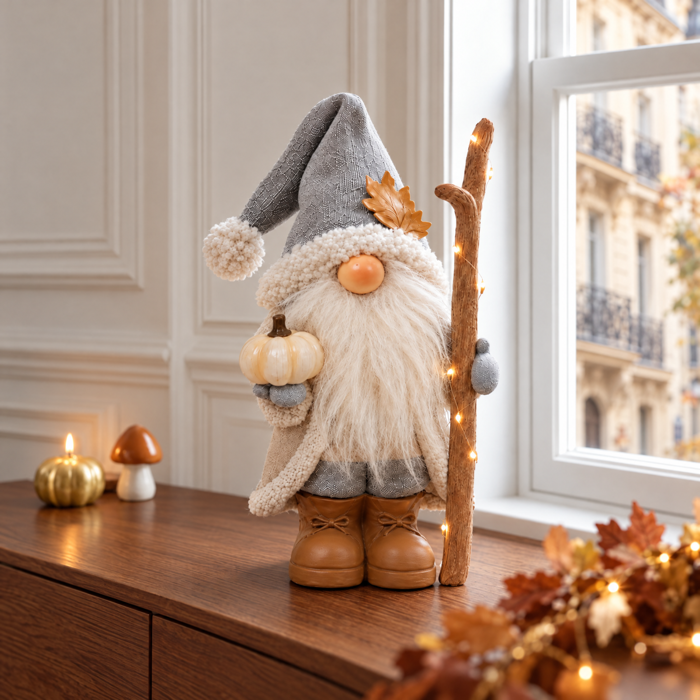 Figurine Père Noël Pumpkin LED 30 cm crème en polyrésine, décoration de Noël à poser, photo d'ambiance, Sia Deco
