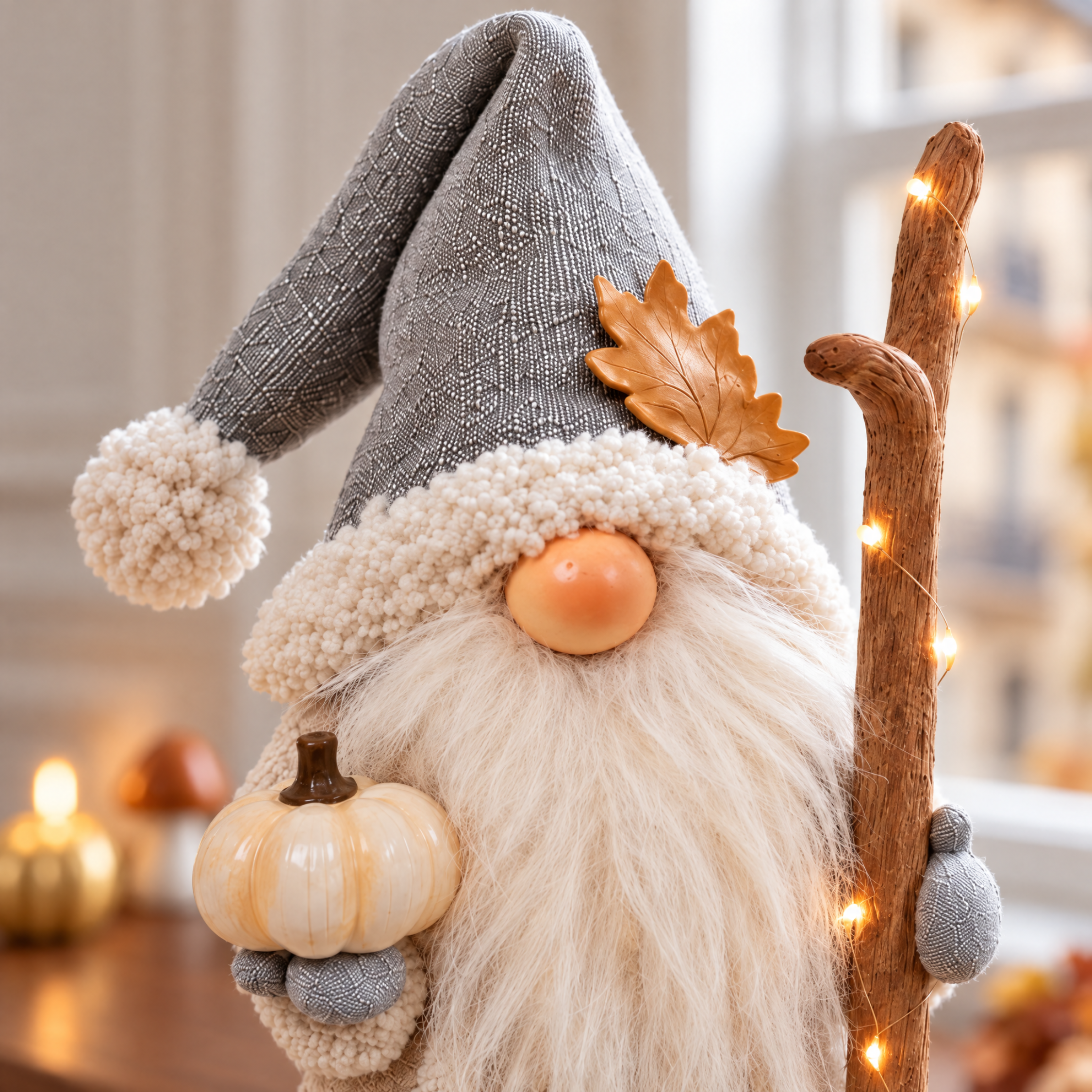 Figurine Père Noël Pumpkin LED 30 cm crème en polyrésine, décoration de Noël à poser, focus produit, Sia Deco