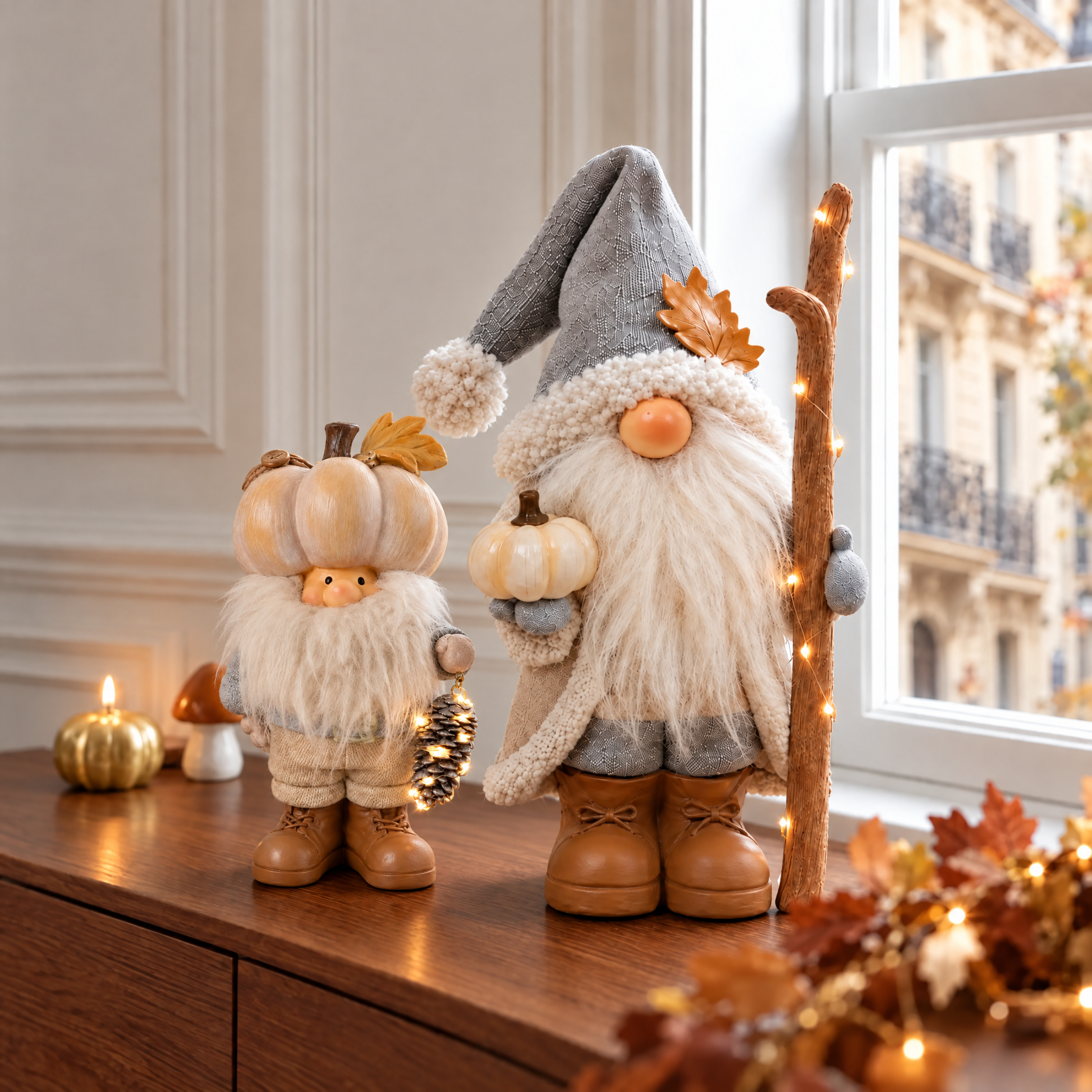 Figurine Père Noël Pumpkin LED 30 cm crème en polyrésine, décoration de Noël à poser, vue de détail, Sia Deco