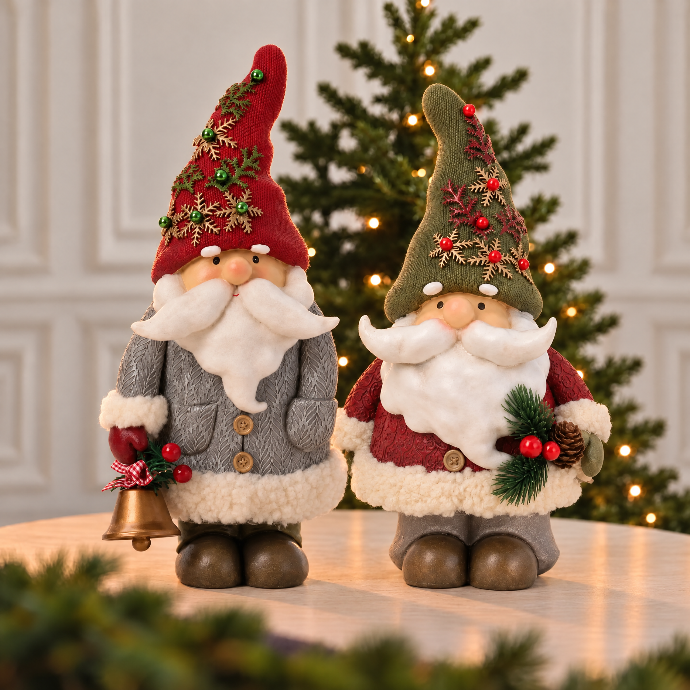 Figurine Père Noël Pin Enchanté 28 cm rouge en polyrésine, décoration de Noël à poser, vue de détail, Sia Deco