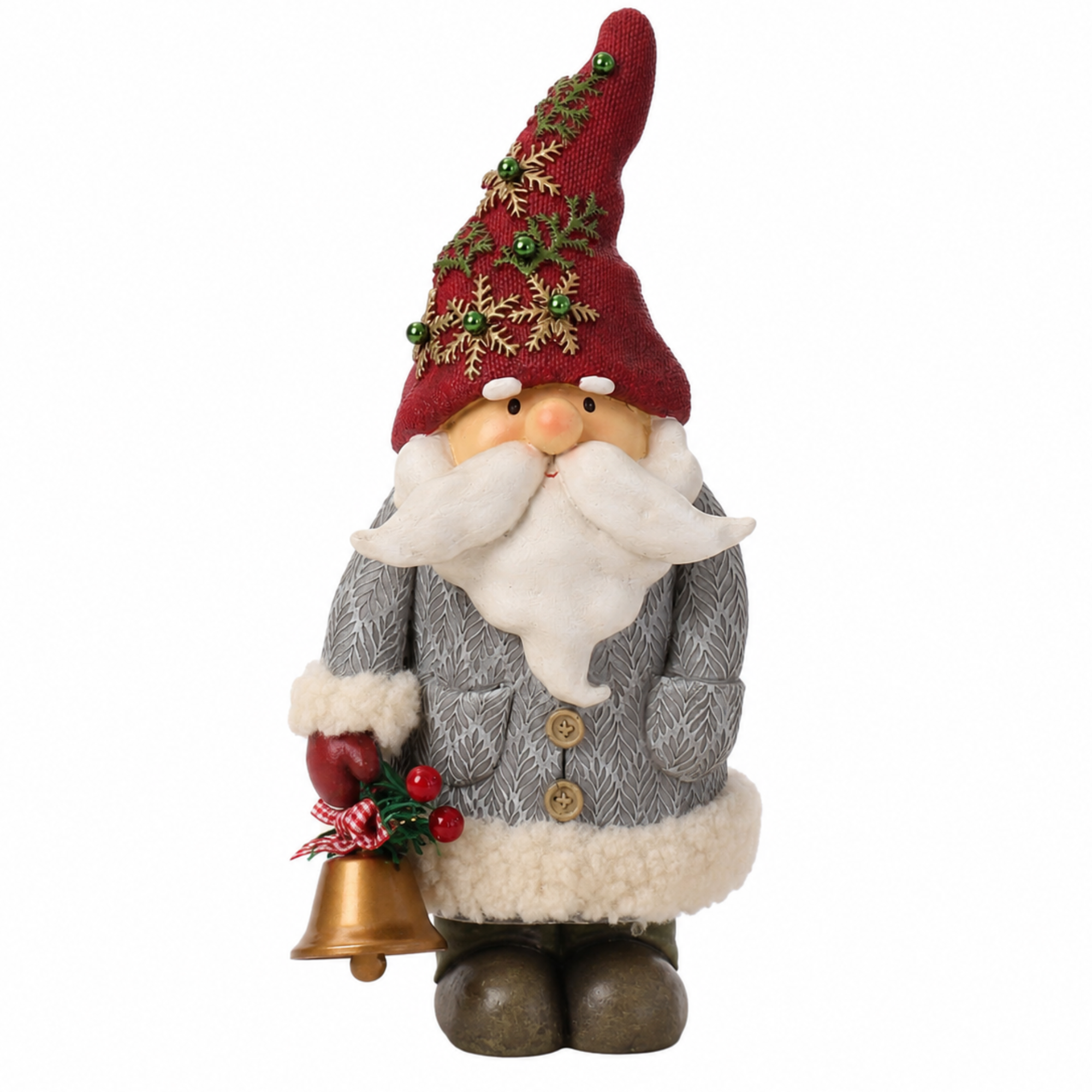 Figurine Père Noël avec cloche Pin Enchanté 30 cm rouge en polyrésine, décoration de Noël à poser, packshot fond blanc, Sia Deco