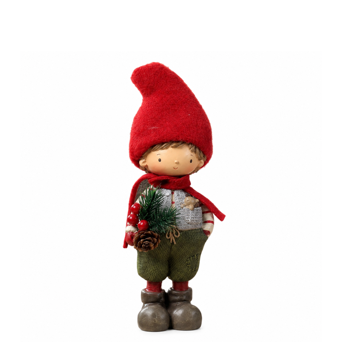 Figurine de Noël Garçon Pin Enchanté 22 cm rouge en polyrésine, décoration de Noël à poser, packshot fond blanc, Sia Deco