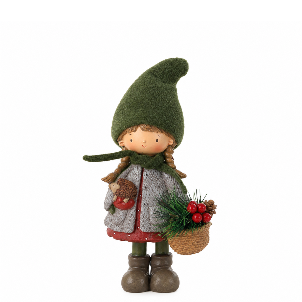 Figurine de Noël Fillette Pin Enchanté 22 cm rouge en polyrésine, décoration de Noël à poser, packshot fond blanc, Sia Deco