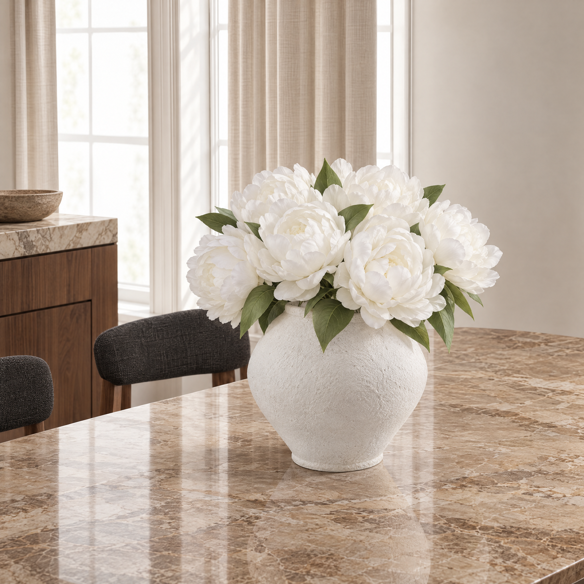 Bouquet de Pivoines 35 cm blanc, bouquet de fleurs artificielles, photo d'ambiance, Sia Deco