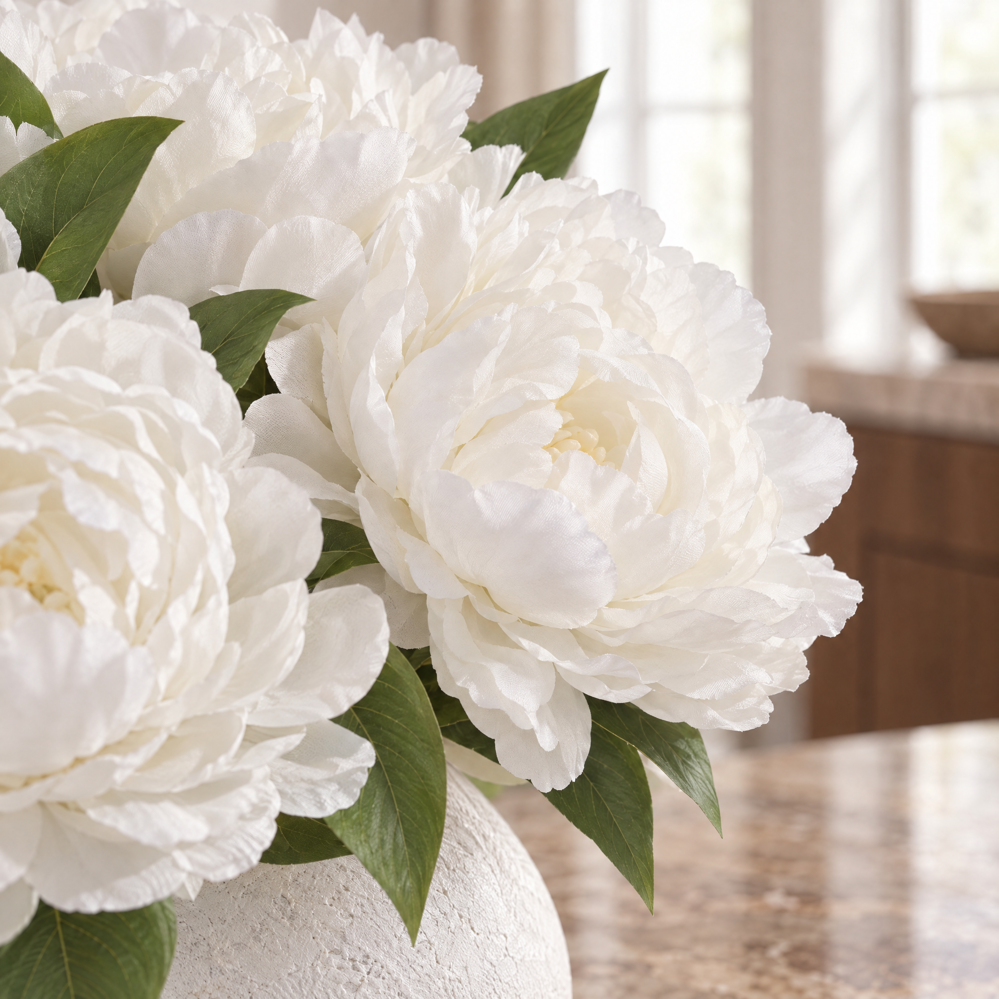 Bouquet de Pivoines 35 cm blanc, bouquet de fleurs artificielles, focus produit, Sia Deco