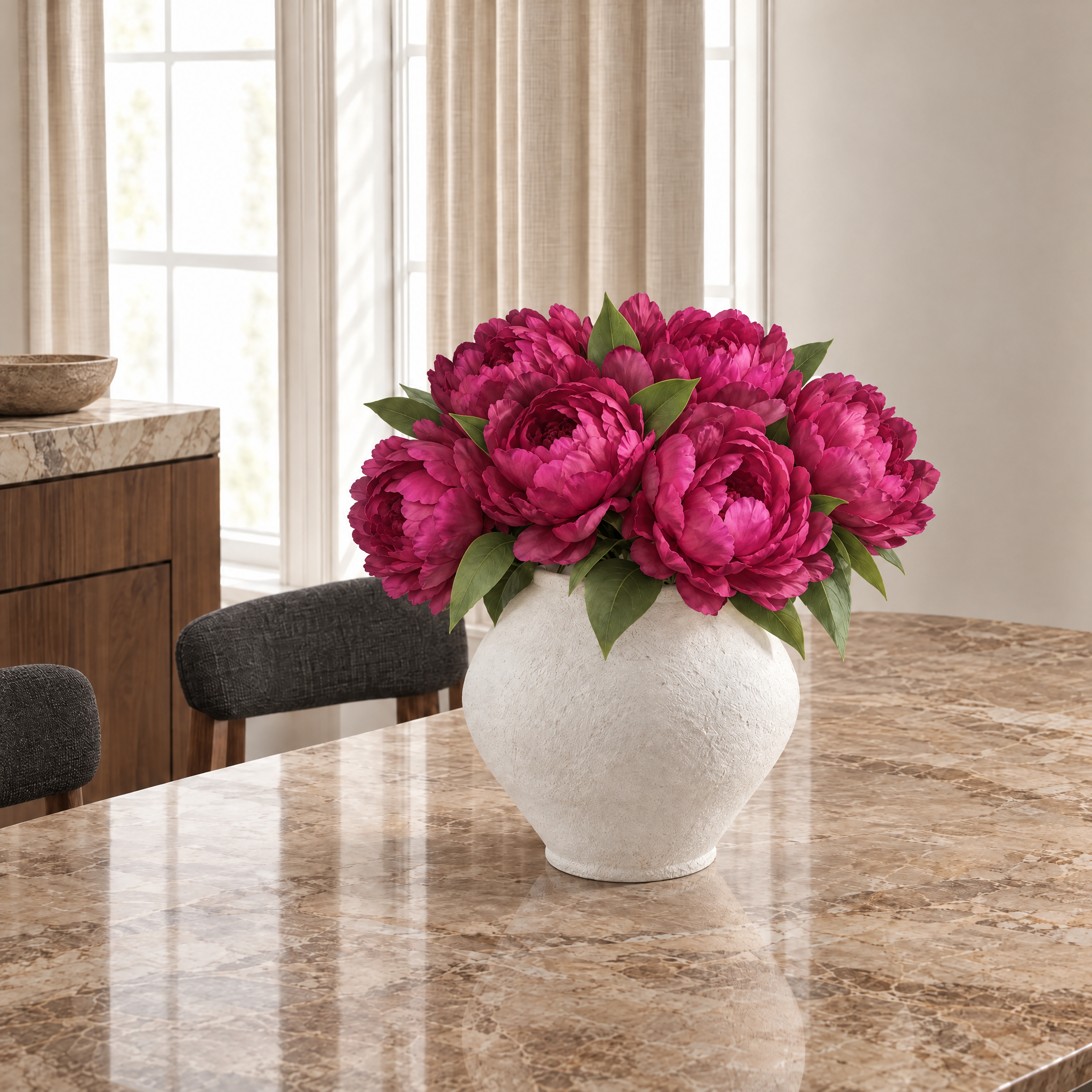 Bouquet de Pivoines 35 cm fuchsia, bouquet de fleurs artificielles, photo d'ambiance, Sia Deco