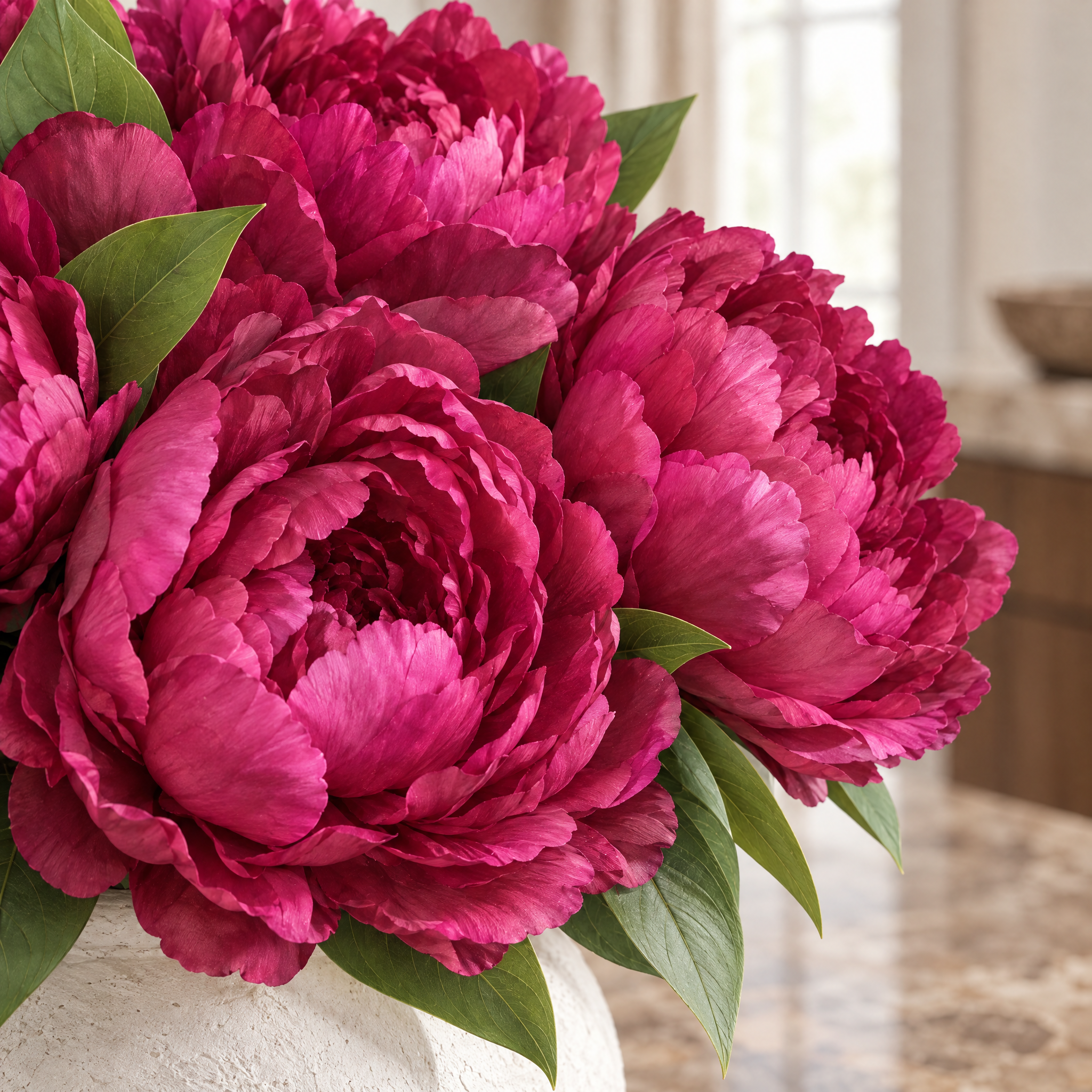 Bouquet de Pivoines 35 cm fuchsia, bouquet de fleurs artificielles, focus produit, Sia Deco