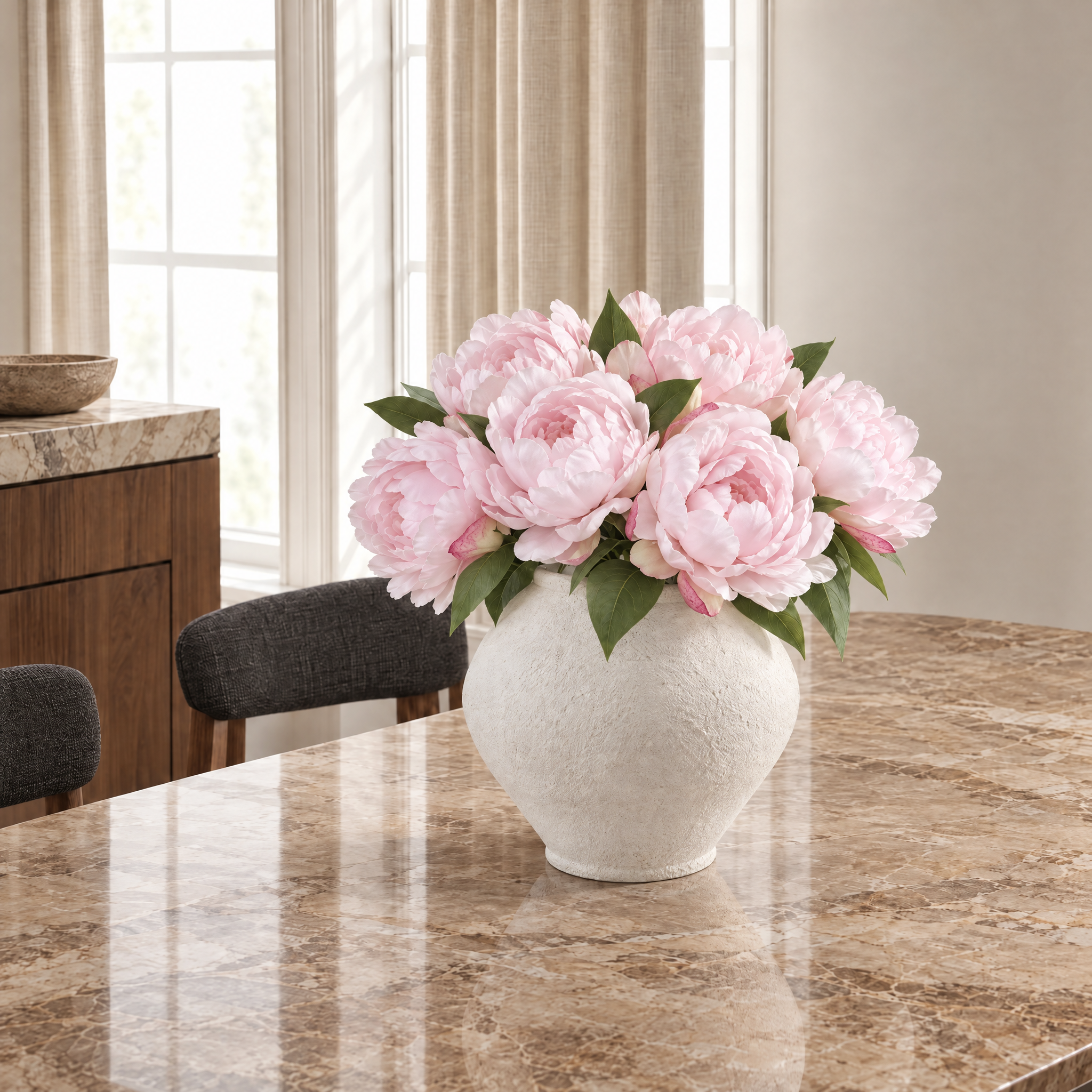 Bouquet de Pivoines 35 cm rose pâle, bouquet de fleurs artificielles, photo d'ambiance, Sia Deco