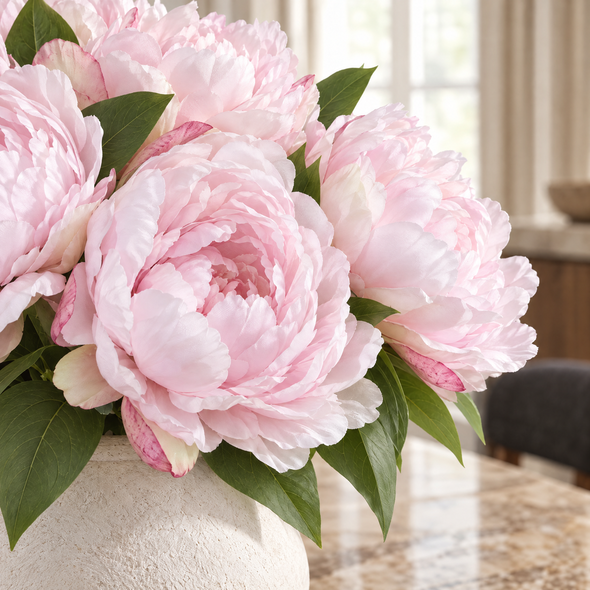Bouquet de Pivoines 35 cm rose pâle, bouquet de fleurs artificielles, focus produit, Sia Deco