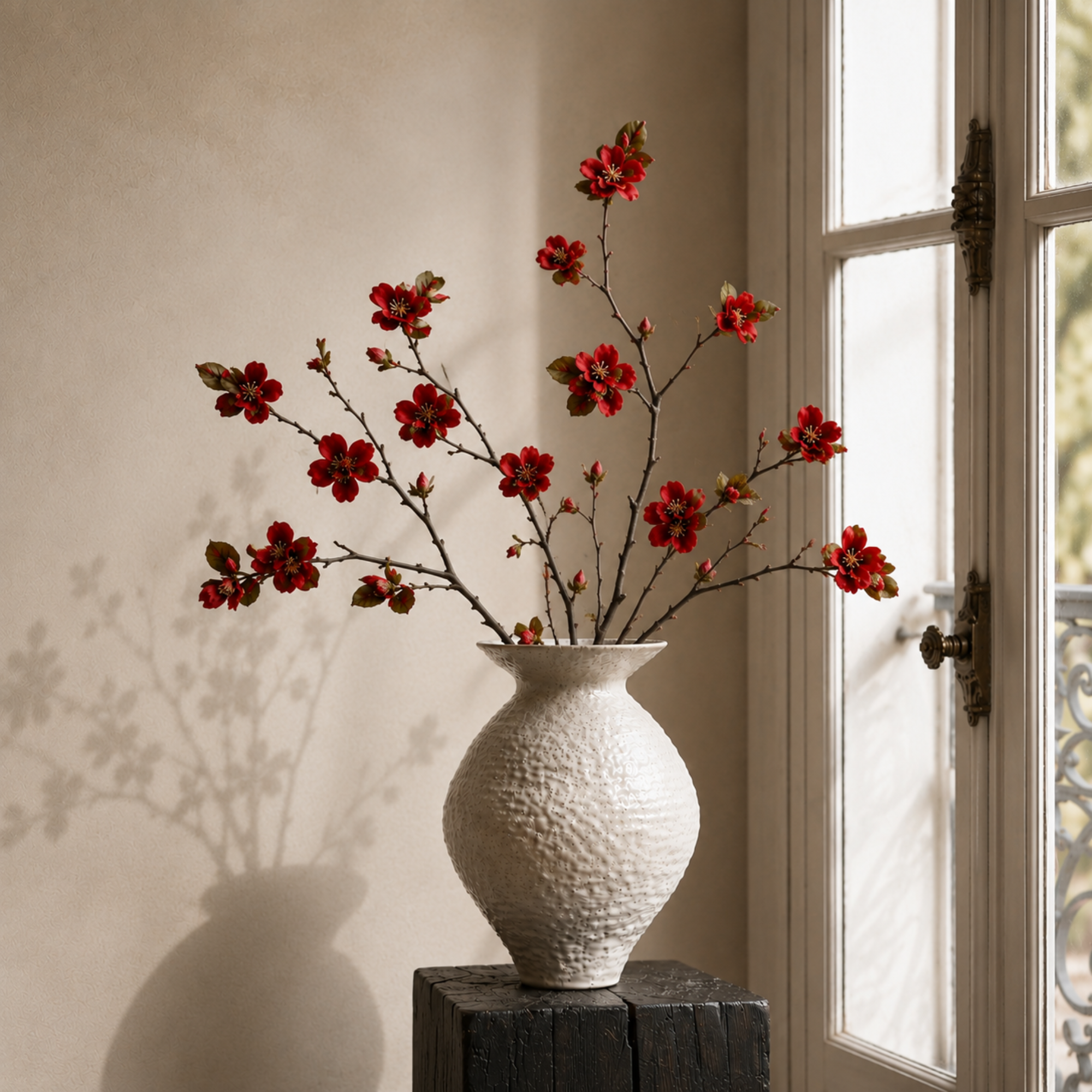 Tige de Cerisier en fleur 50 cm rouge, branche fleurie artificielle, vue complémentaire, Sia Deco