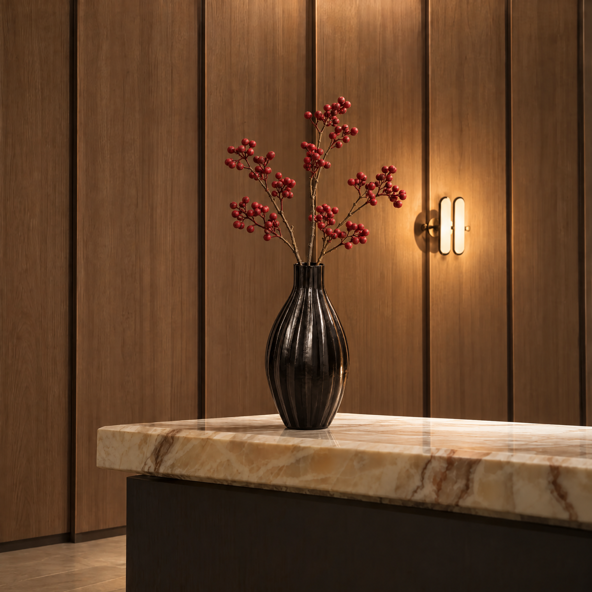 Tige de Baies 50 cm rouge, baies artificielles, photo d'ambiance, Sia Deco