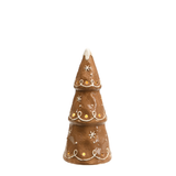 Statue Sapin de Noël lumineux Ginger en céramique marron effet pain d'épices avec décor de glaçage blanc en relief, 21 cm