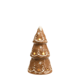 Statue Sapin de Noël lumineux Ginger en céramique marron effet pain d'épices avec décor de glaçage blanc en relief, 14 cm