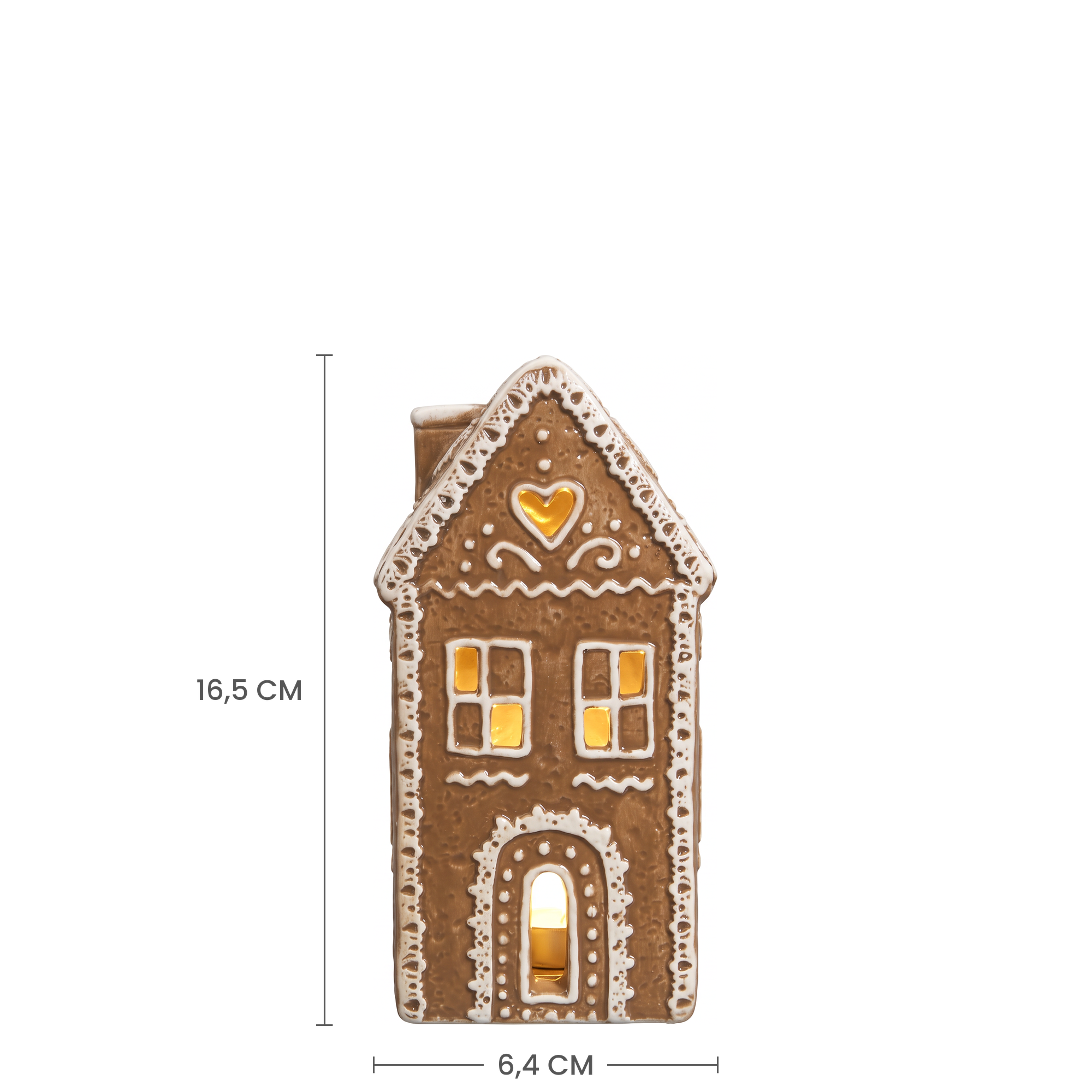 Croquis coté de la Figurine Chalet de Noël Ginger : 16,5 cm de hauteur et 6,4 cm de largeur