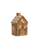 Figurine Chalet de Noël Ginger en céramique marron effet pain d'épices avec glaçage blanc en relief et fenêtres ajourées, 12 cm