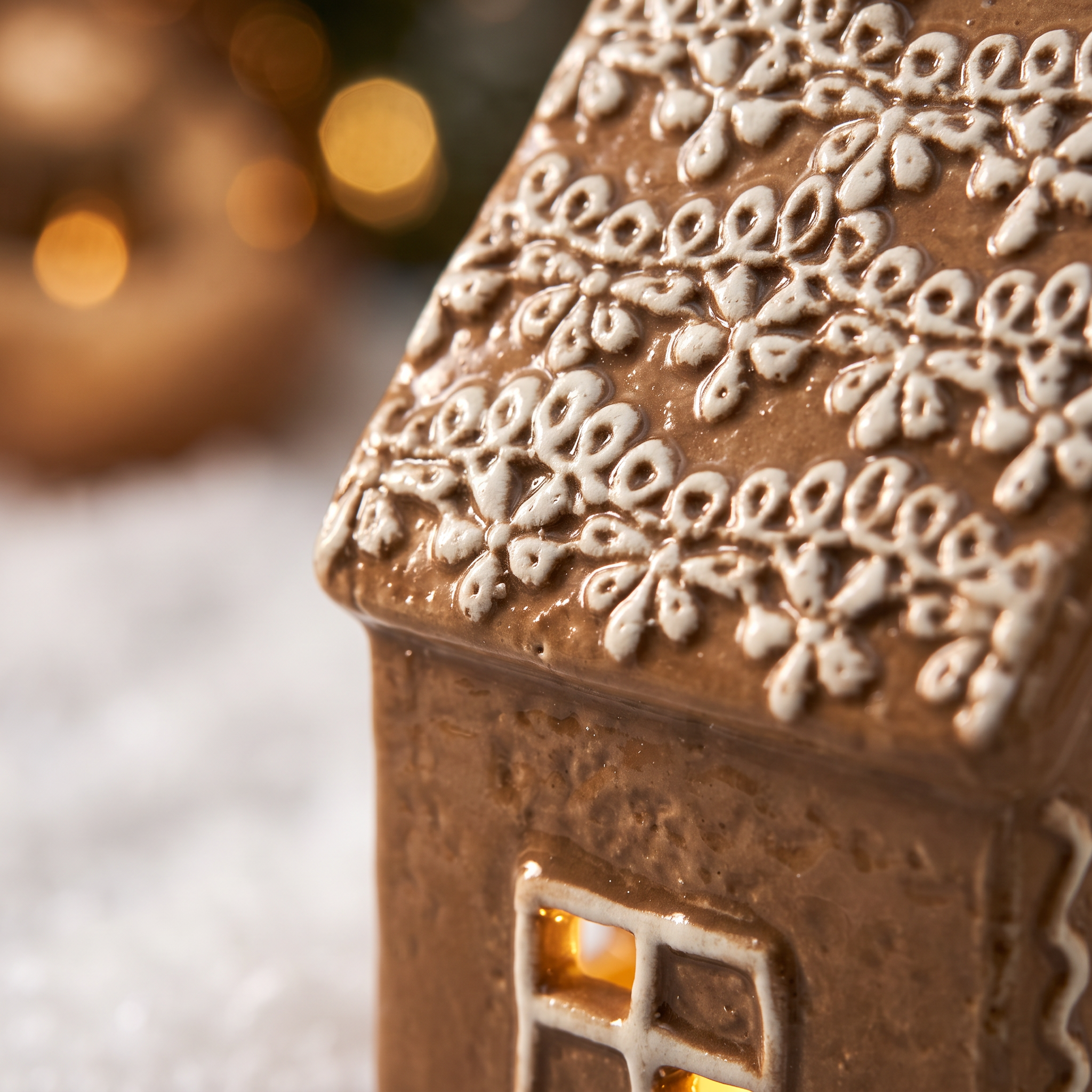 Détail du glaçage blanc en relief et des fenêtres ajourées du Chalet de Noël Ginger en céramique