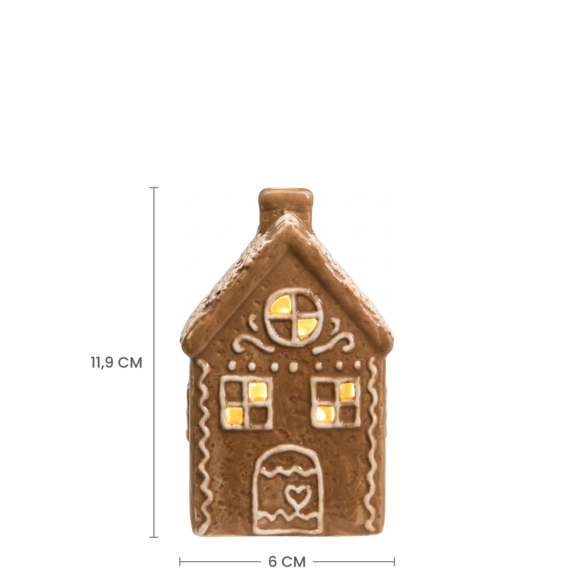 Croquis coté de la Figurine Chalet de Noël Ginger : 11,9 cm de hauteur et 6 cm de largeur