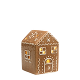 Figurine Chalet de Noël Ginger en céramique marron effet pain d'épices avec glaçage blanc en relief, étoile et fenêtres ajourées, 9 cm