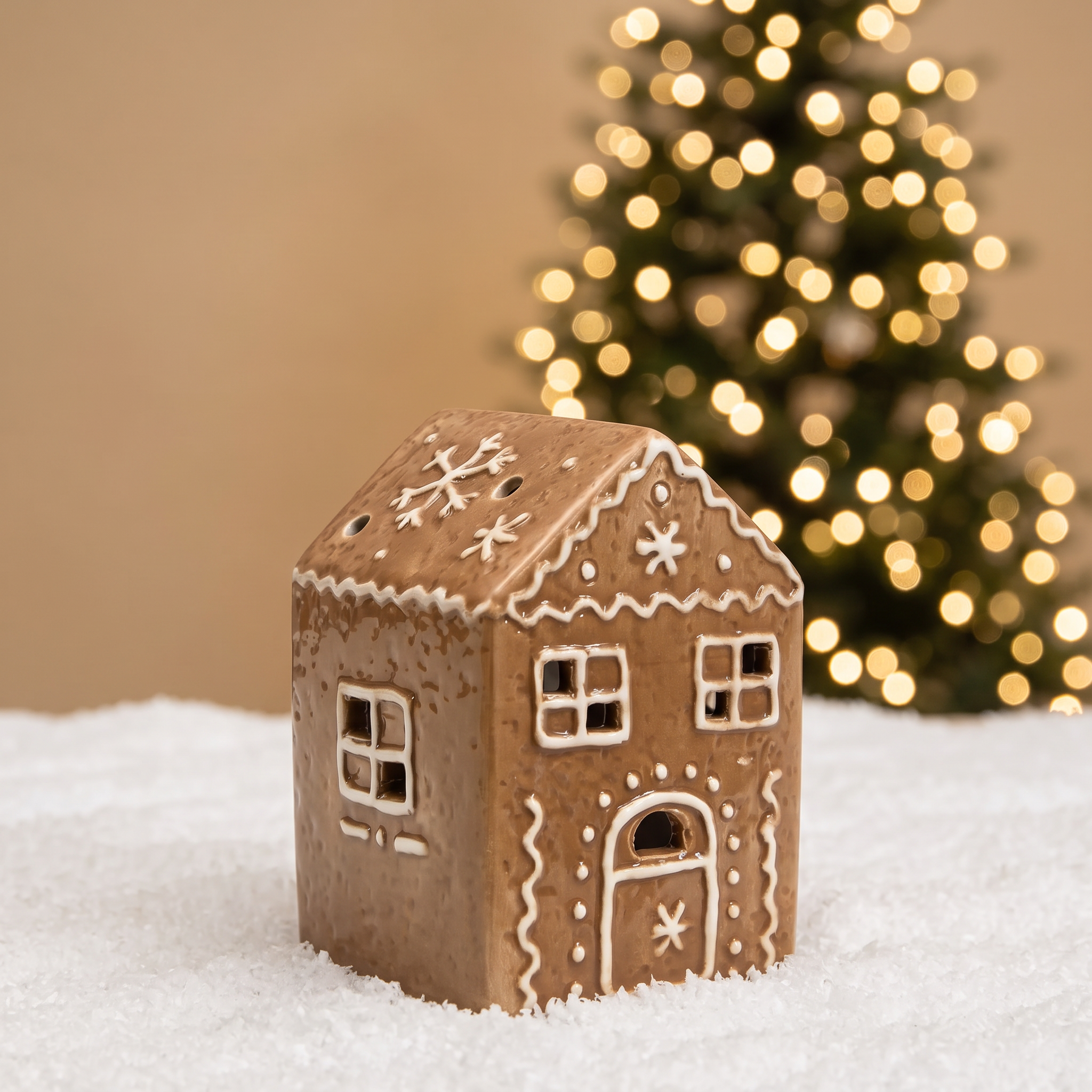 Figurine Chalet de Noël Ginger 9 cm en céramique effet pain d'épices, LED allumée, posée sur la neige devant un sapin lumineux flouté