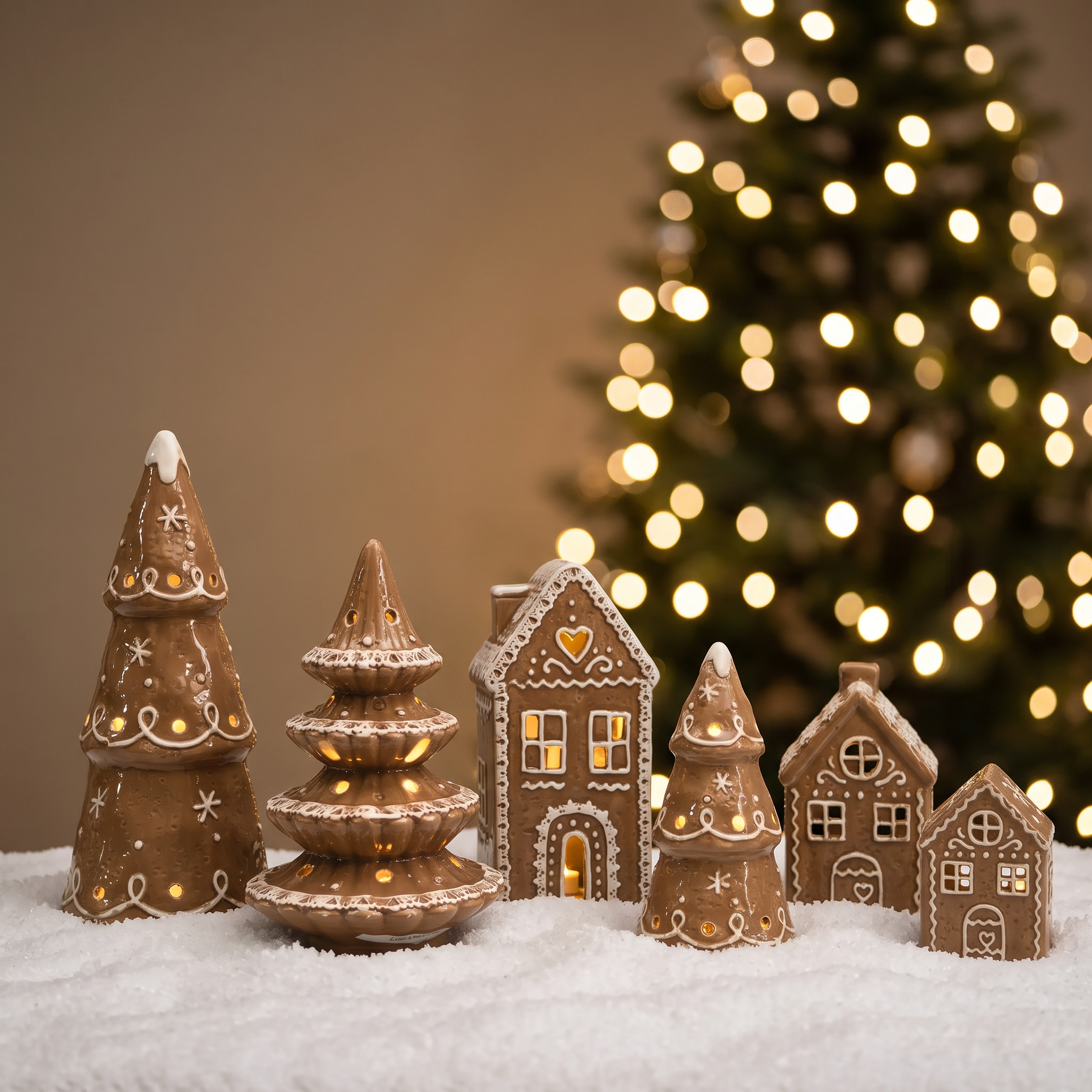 La collection Ginger réunie : trois sapins de Noël lumineux et trois chalets en céramique effet pain d'épices