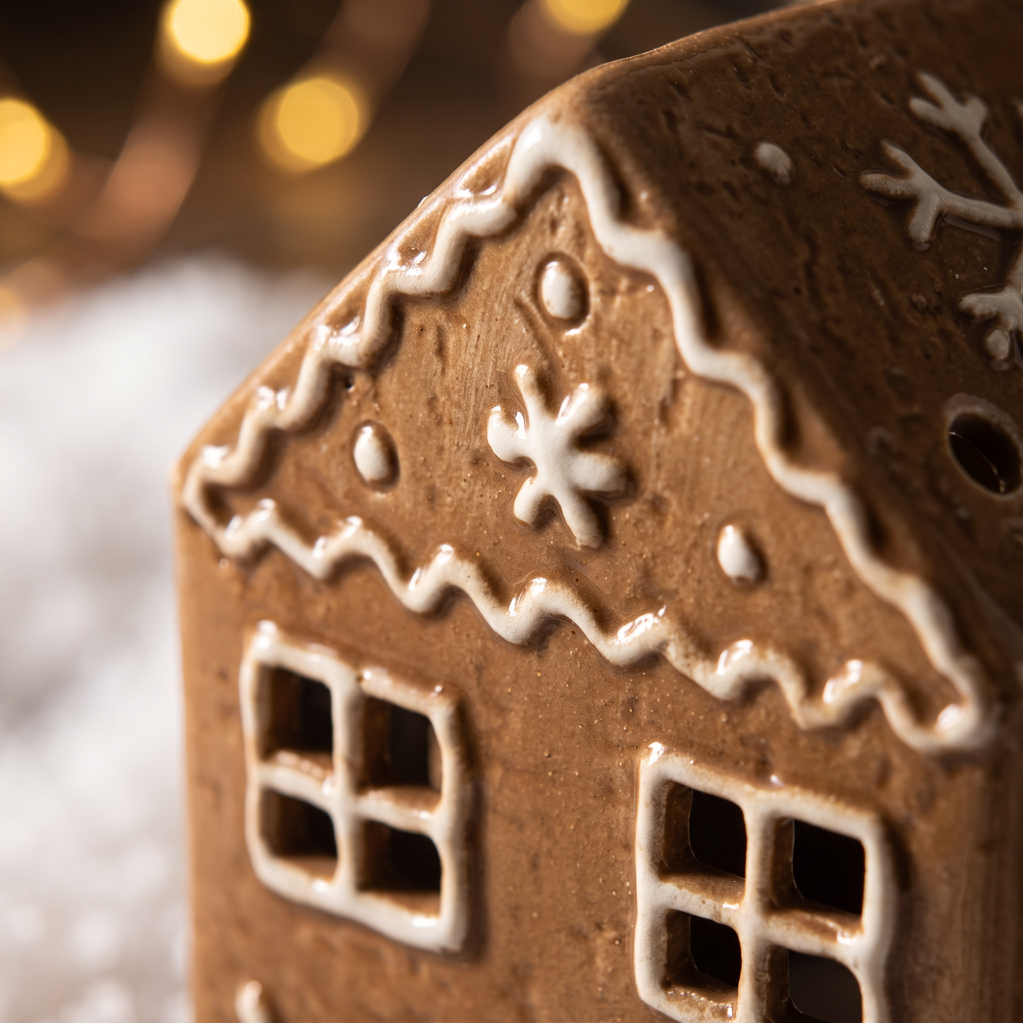 Détail du glaçage blanc en relief, de l'étoile et des fenêtres ajourées du Chalet de Noël Ginger