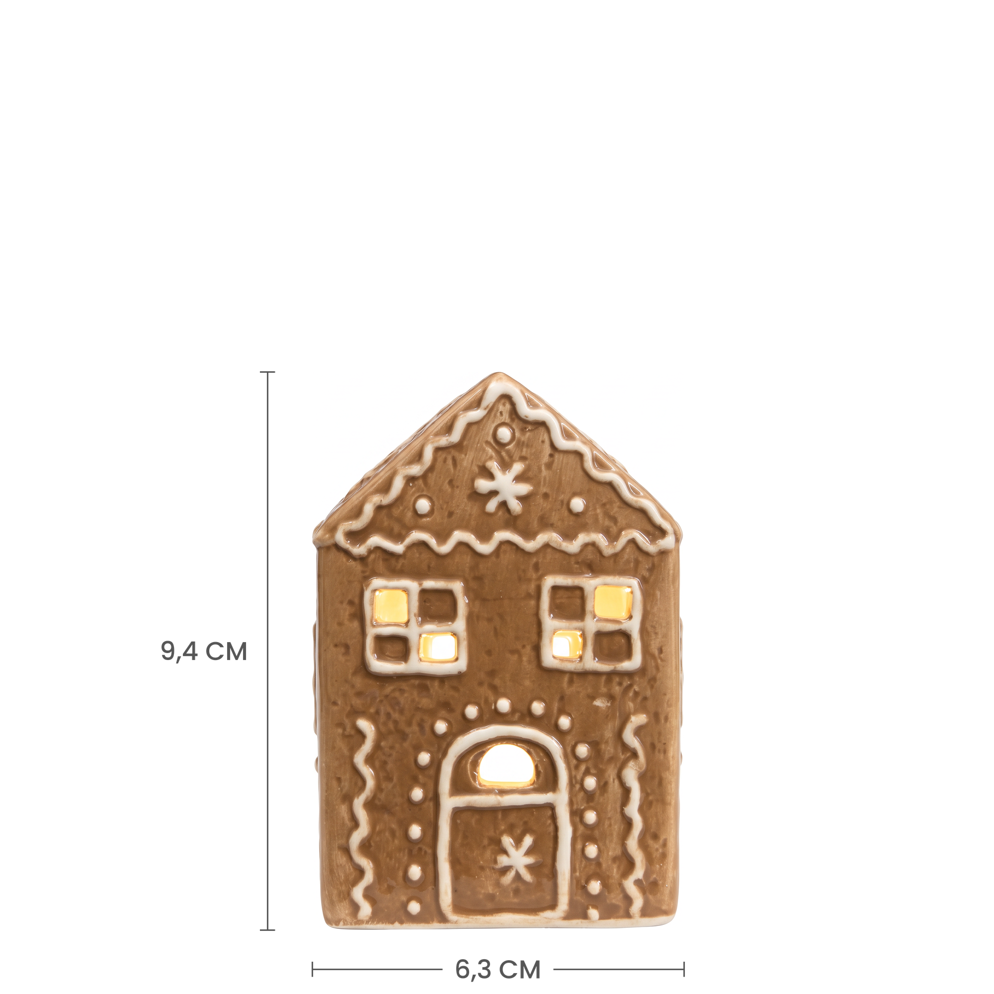 Croquis coté de la Figurine Chalet de Noël Ginger : 9,4 cm de hauteur et 6,3 cm de largeur