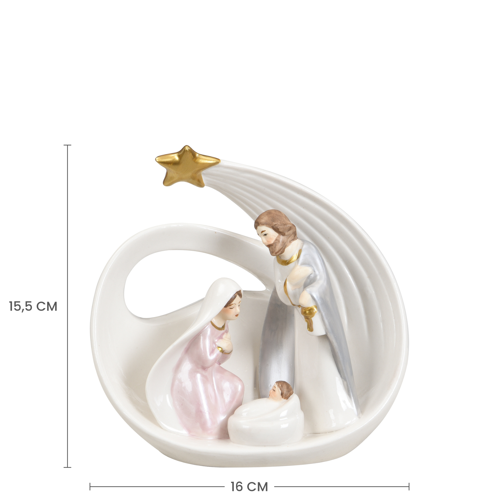 Croquis coté de la Crèche de Noël Bethléem en porcelaine : 15,5 cm de hauteur et 16 cm de largeur