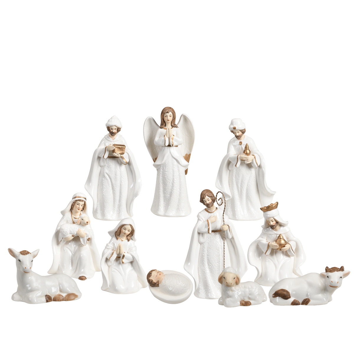 Crèche de Noël Céleste en porcelaine blanc crème et doré, set de 11 figurines, hauteur maximale 16 cm