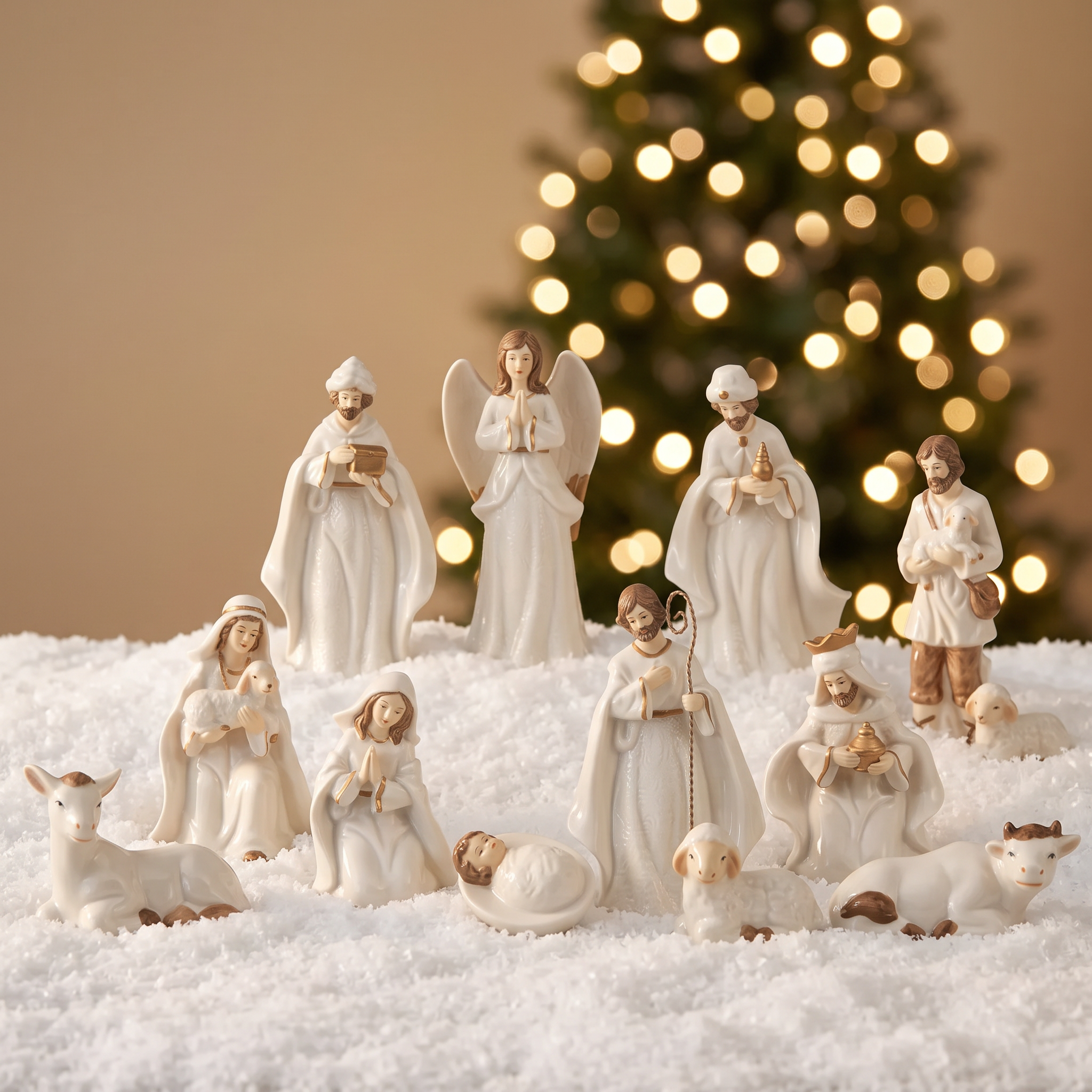 Crèche de Noël Céleste en porcelaine, set de 11 figurines disposées sur la neige devant un sapin lumineux flouté