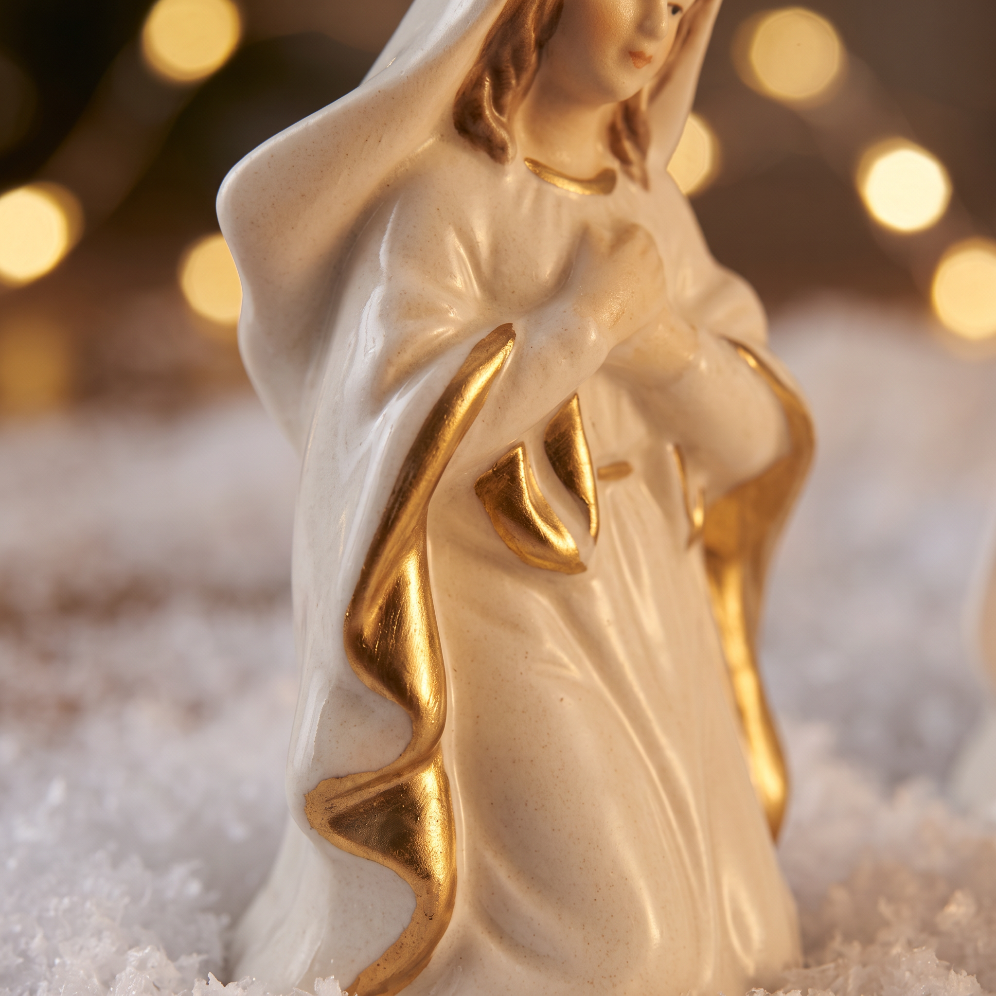 Détail de la porcelaine blanc crème et des finitions dorées des figurines de la Crèche de Noël Céleste